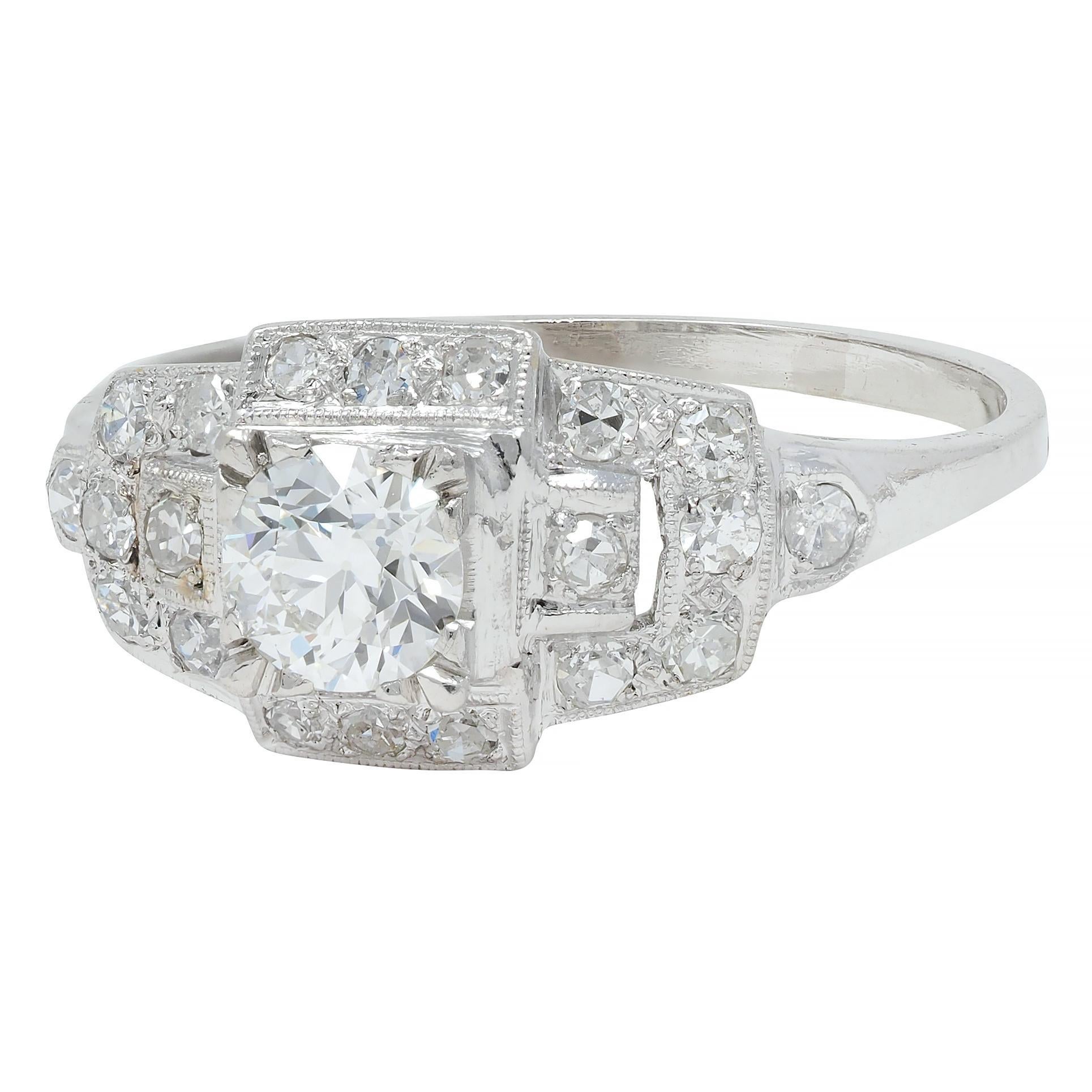 Art Deco 1.00 CTW Old European Diamond Platinum Buckle Vintage Engagement Ring For Sale 1
