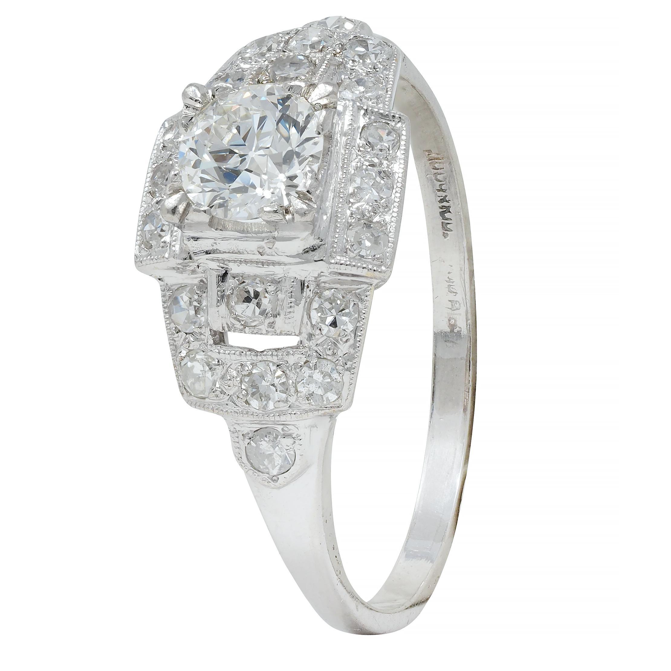 Art Deco 1.00 CTW Old European Diamond Platinum Buckle Vintage Engagement Ring For Sale 3