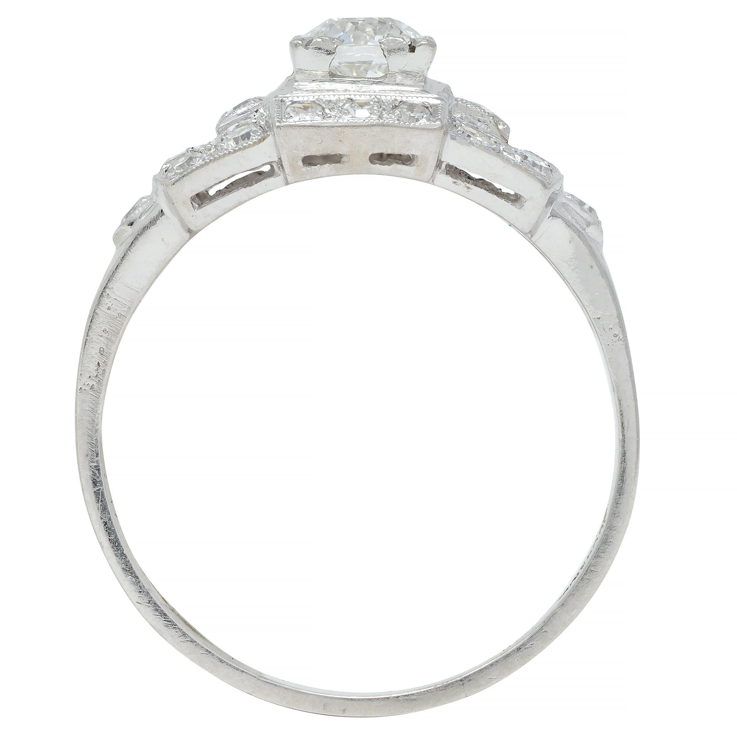 Art Deco 1.00 CTW Old European Diamond Platinum Buckle Vintage Engagement Ring For Sale 4