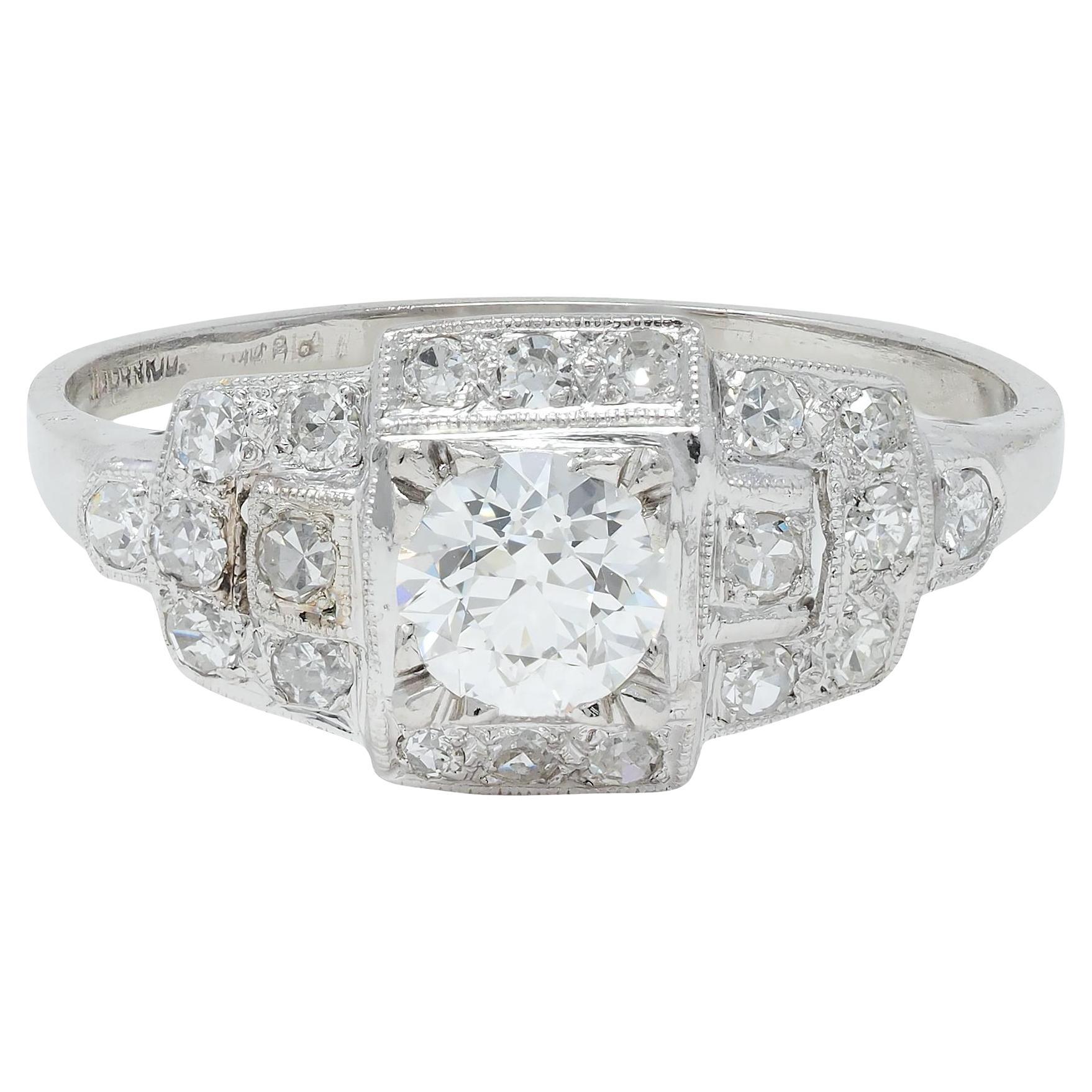 Art Deco 1.00 CTW Old European Diamond Platinum Buckle Vintage Engagement Ring For Sale