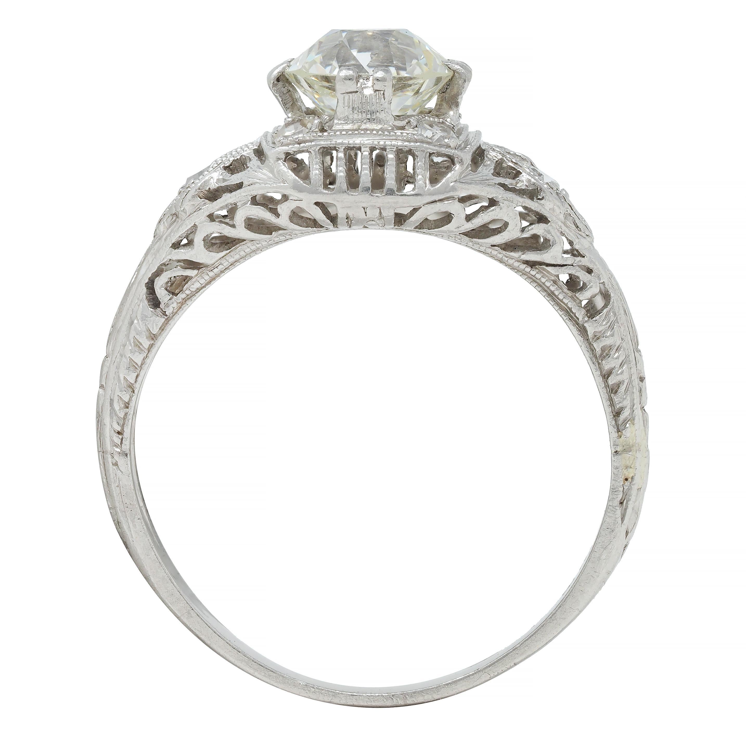 Art Deco 1.00 CTW Old European Diamond Platinum Vintage Engagement Ring For Sale 5