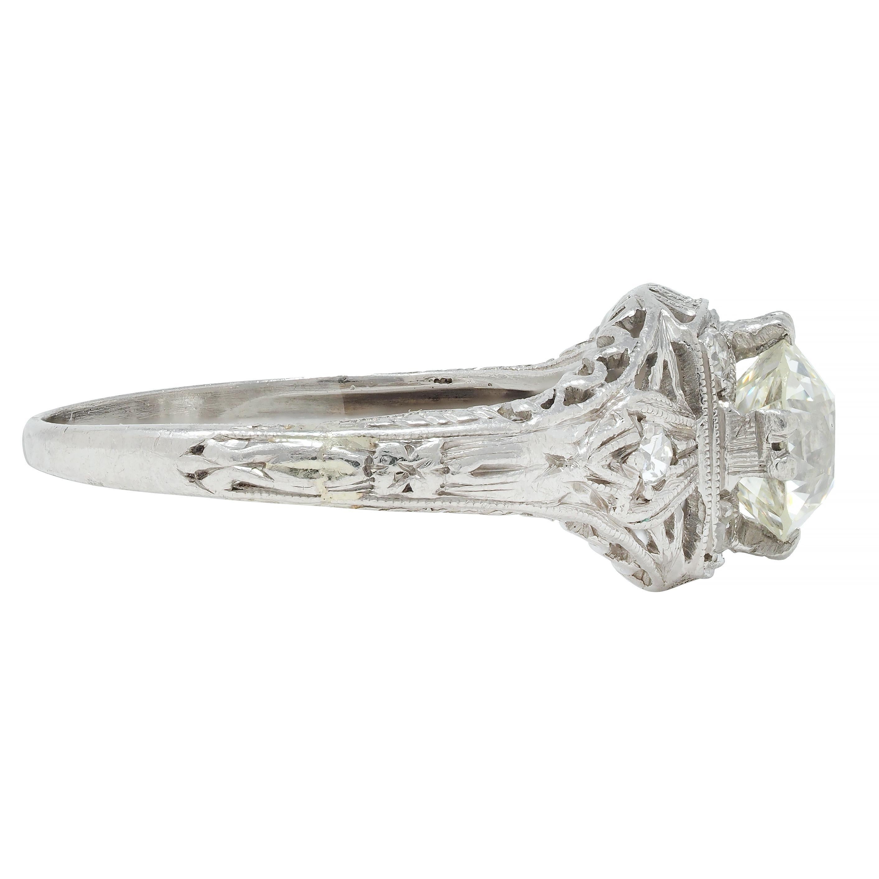 Art Deco 1.00 CTW Old European Diamond Platinum Vintage Engagement Ring In Excellent Condition For Sale In Philadelphia, PA