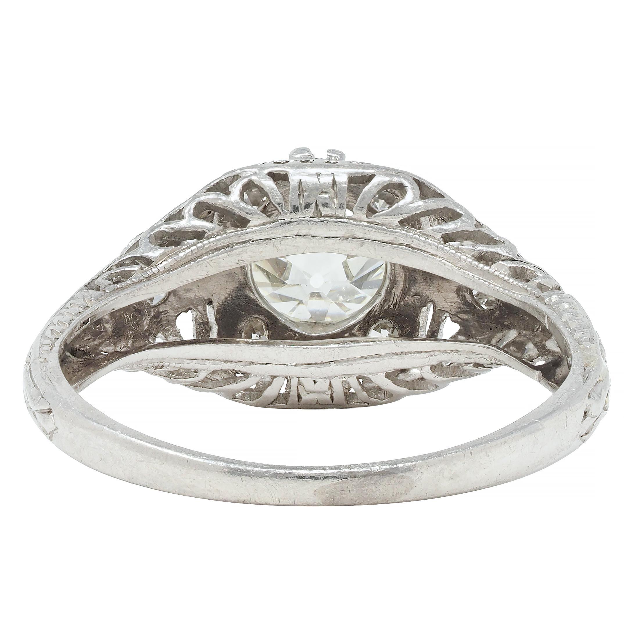 Women's or Men's Art Deco 1.00 CTW Old European Diamond Platinum Vintage Engagement Ring For Sale