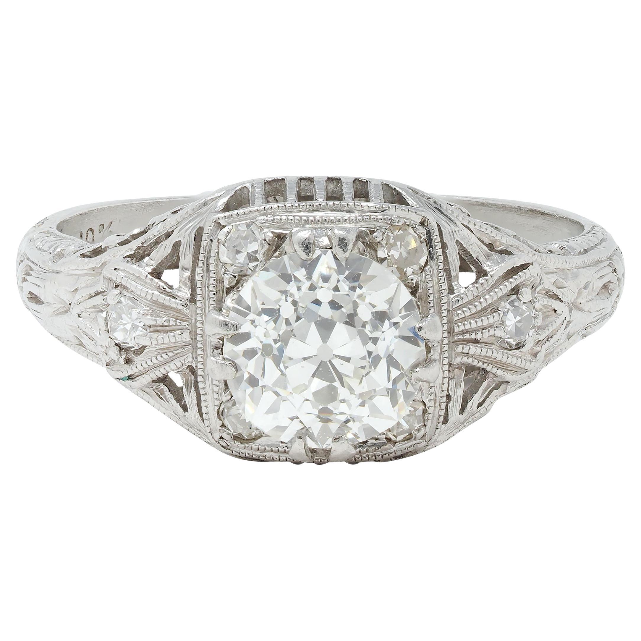 Art Deco 1.00 CTW Old European Diamond Platinum Vintage Engagement Ring For Sale