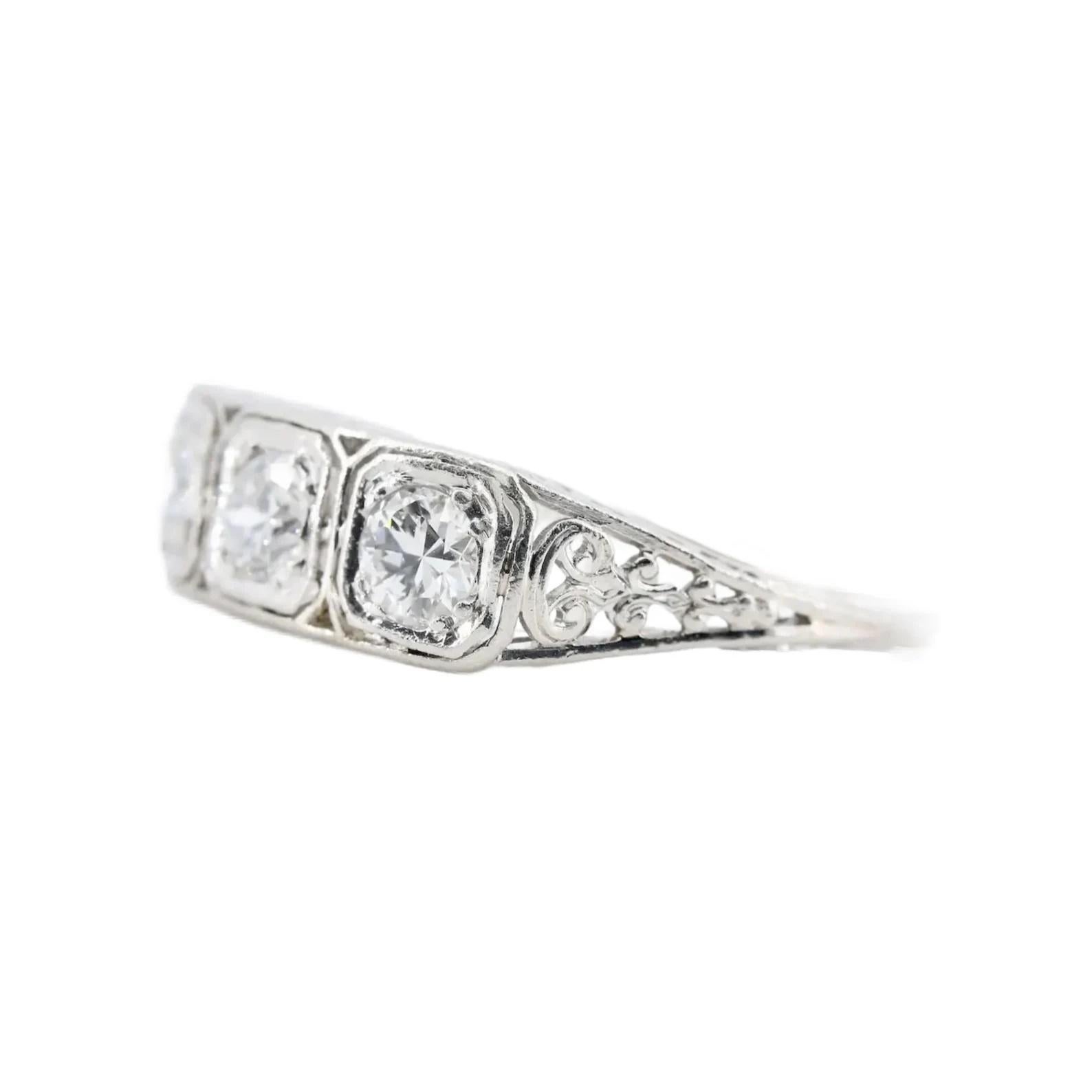 Old European Cut Art Deco 1.00 CTW Three Stone Diamond Filigree & Scroll Work Ring in Platinum For Sale