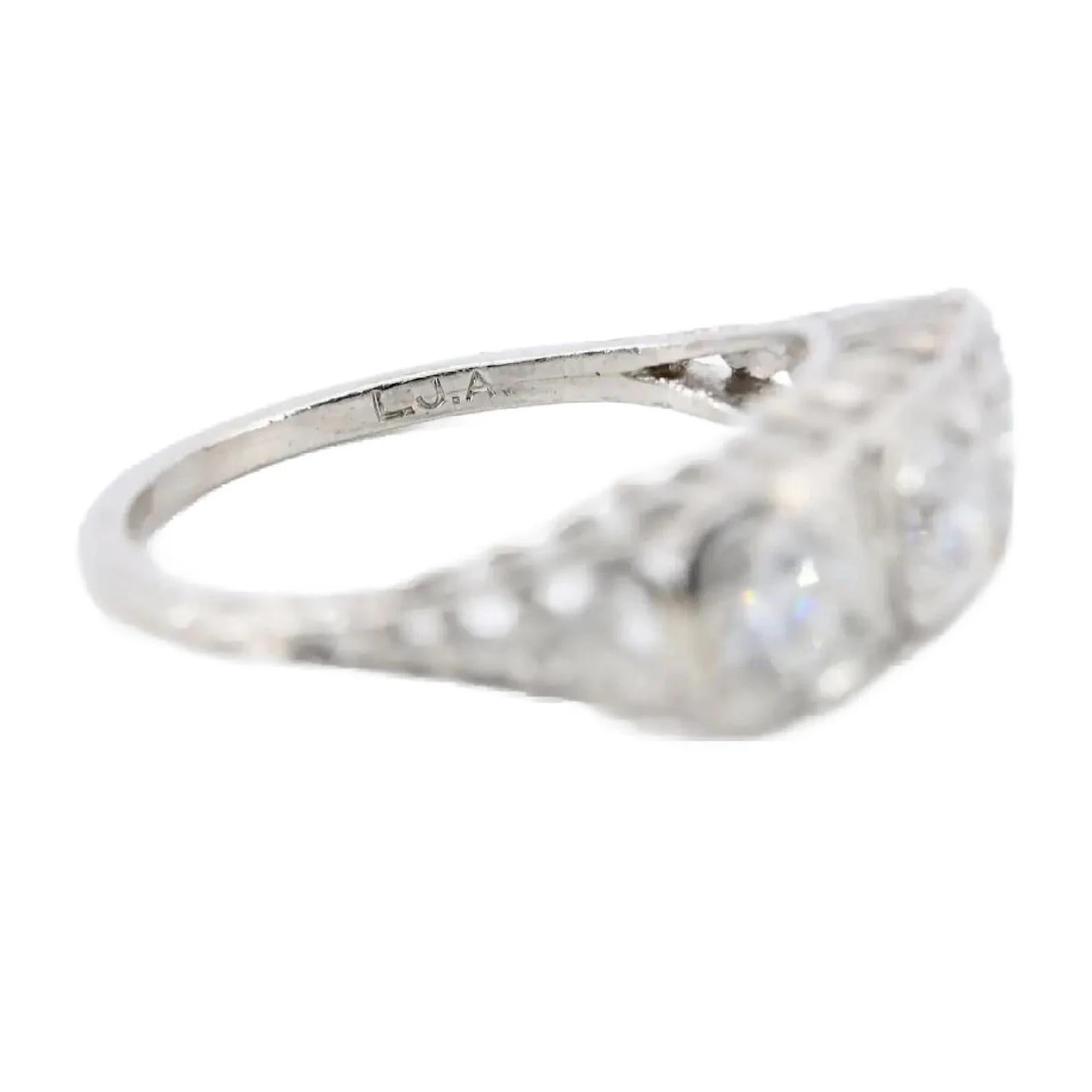 Men's Art Deco 1.00 CTW Three Stone Diamond Filigree & Scroll Work Ring in Platinum For Sale