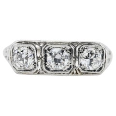 Art Deco 1.00 CTW Three Stone Diamond Filigree & Scroll Work Ring in Platinum