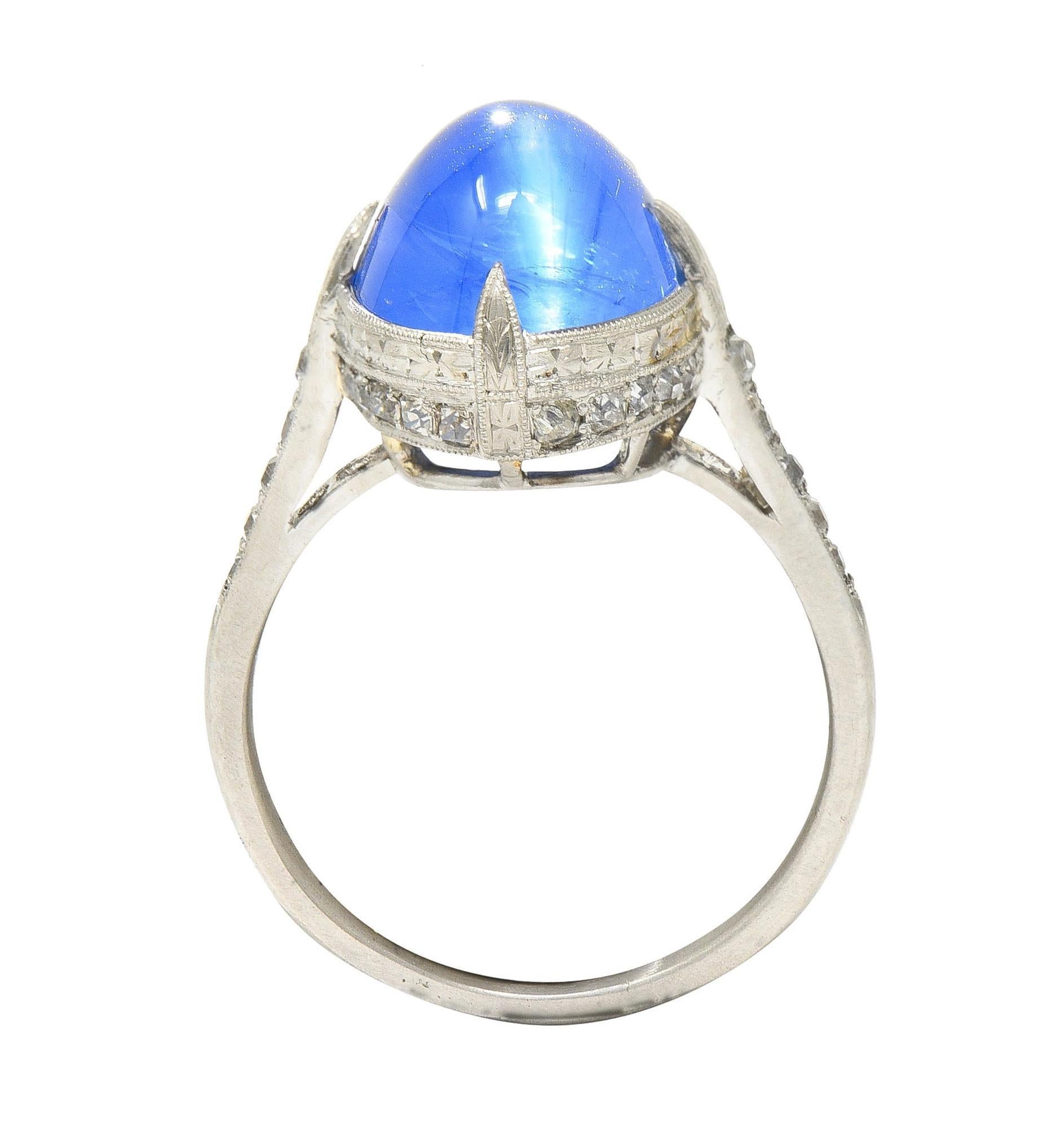 Art Deco 10.00 CTW No Heat Ceylon Star Sapphire Diamond Vintage Platinum Ring For Sale 5