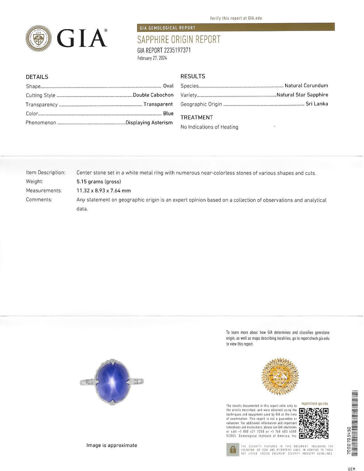 Art Deco 10.00 CTW No Heat Ceylon Star Sapphire Diamond Vintage Platinum Ring For Sale 10