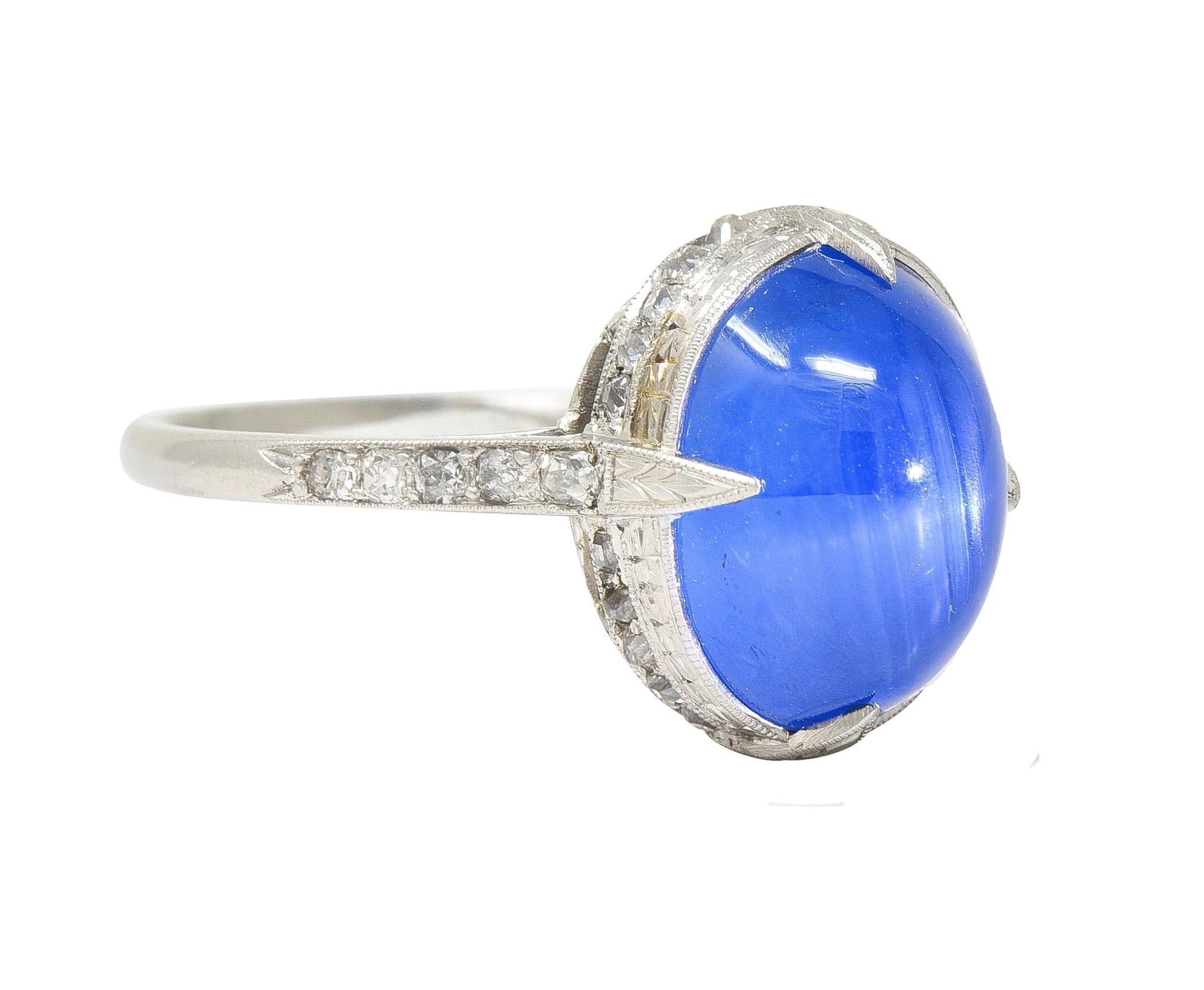 Art Deco 10.00 CTW No Heat Ceylon Star Sapphire Diamond Vintage Platinum Ring In Excellent Condition For Sale In Philadelphia, PA
