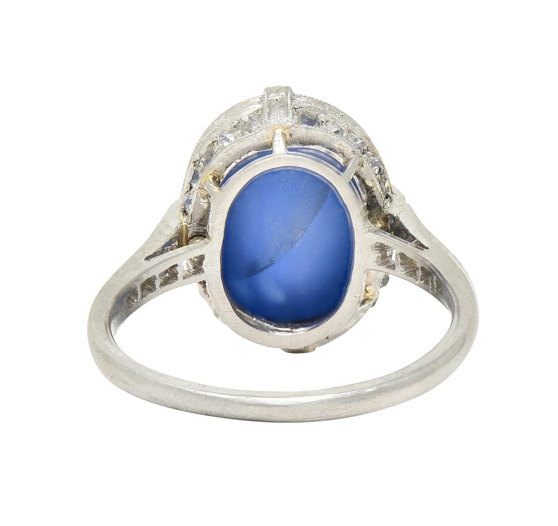 Art Deco 10.00 CTW No Heat Ceylon Star Sapphire Diamond Vintage Platinum Ring For Sale 1