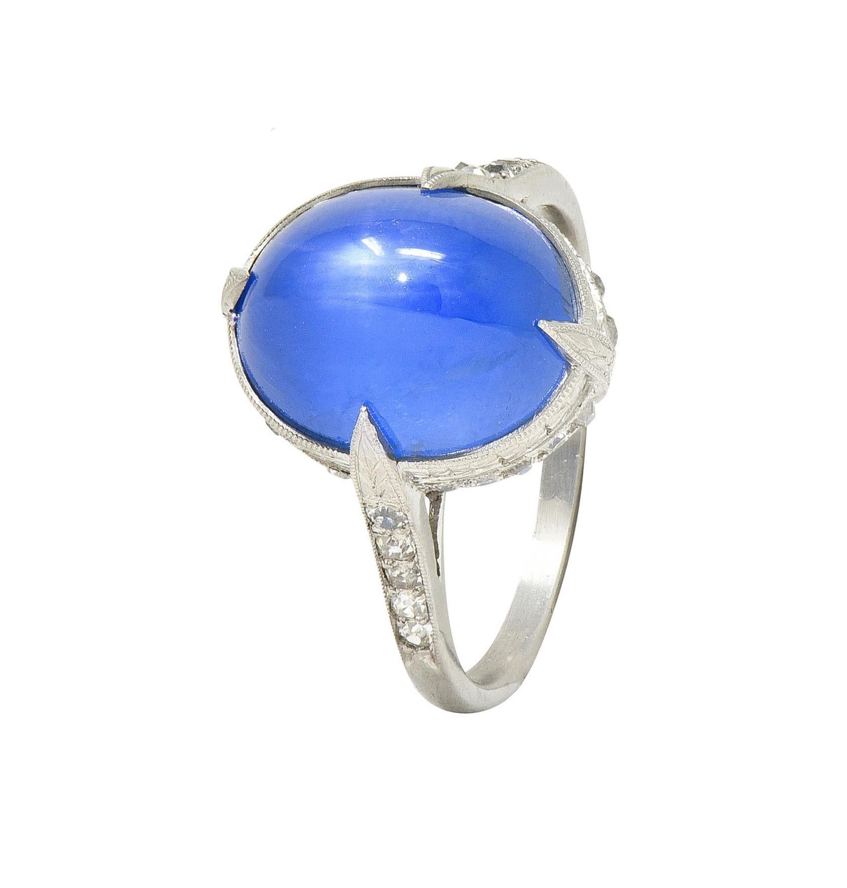 Art Deco 10.00 CTW No Heat Ceylon Star Sapphire Diamond Vintage Platinum Ring For Sale 3