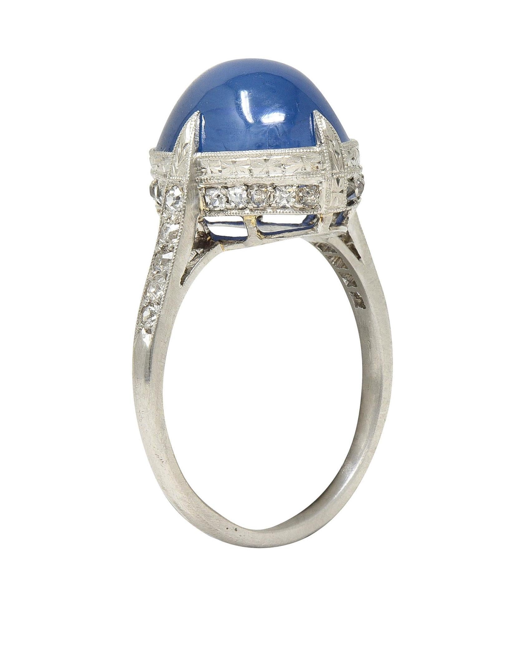 Art Deco 10.00 CTW No Heat Ceylon Star Sapphire Diamond Vintage Platinum Ring For Sale 4
