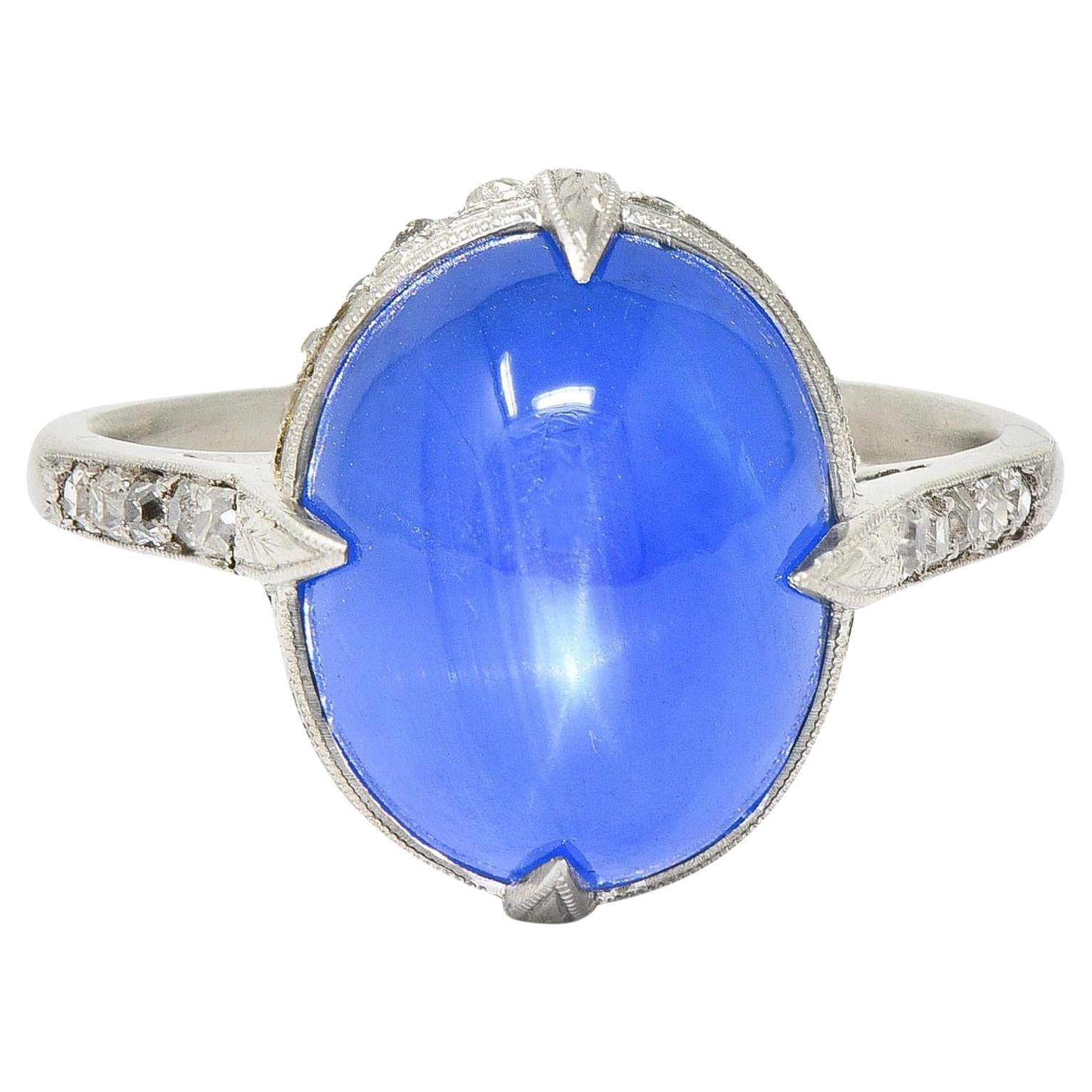 Art Deco 10.00 CTW No Heat Ceylon Star Sapphire Diamond Vintage Platinum Ring For Sale