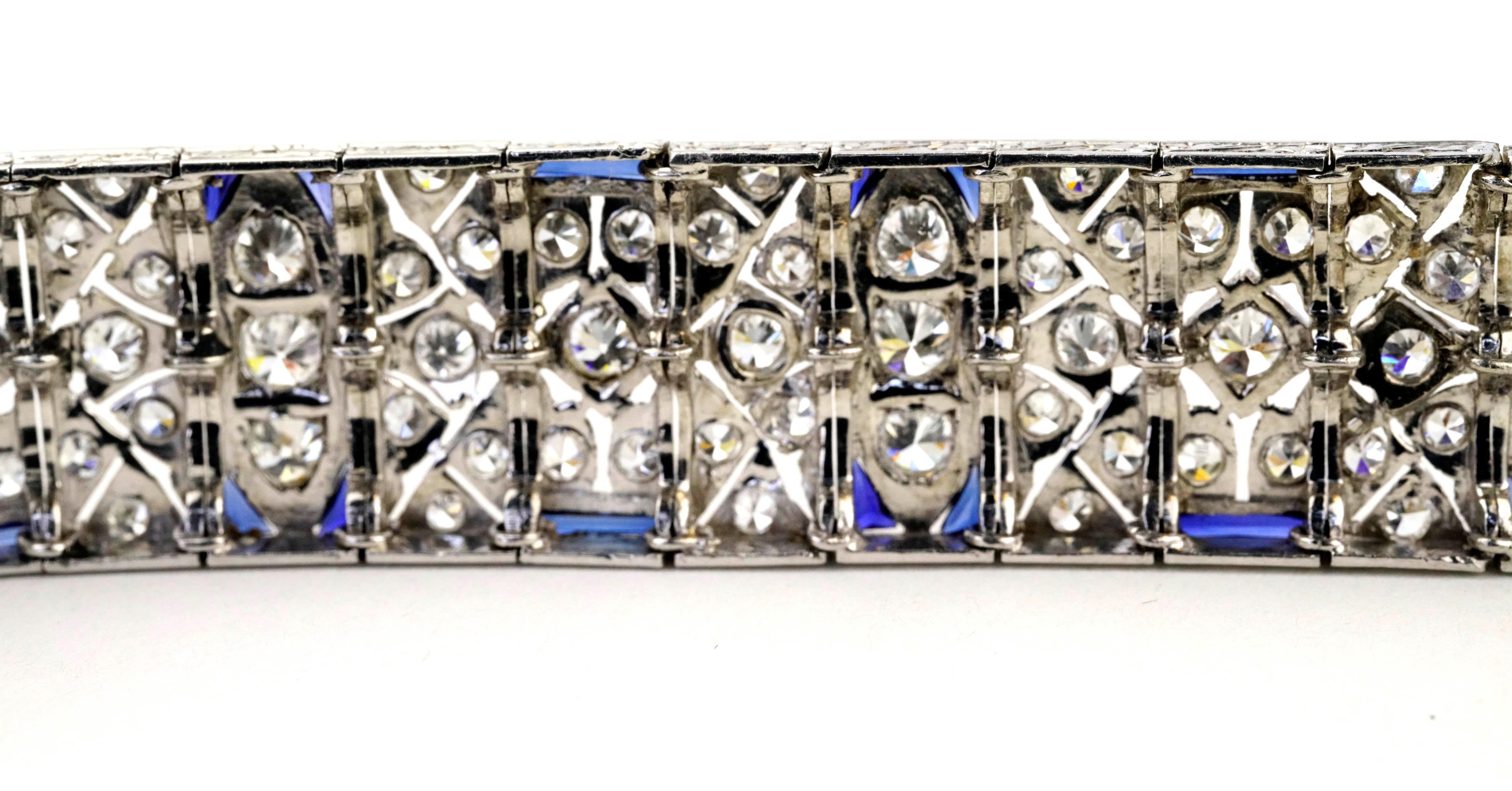 Art Deco 10.01 Carats Old Euro Diamonds and Sapphires Platinum Bracelet 6