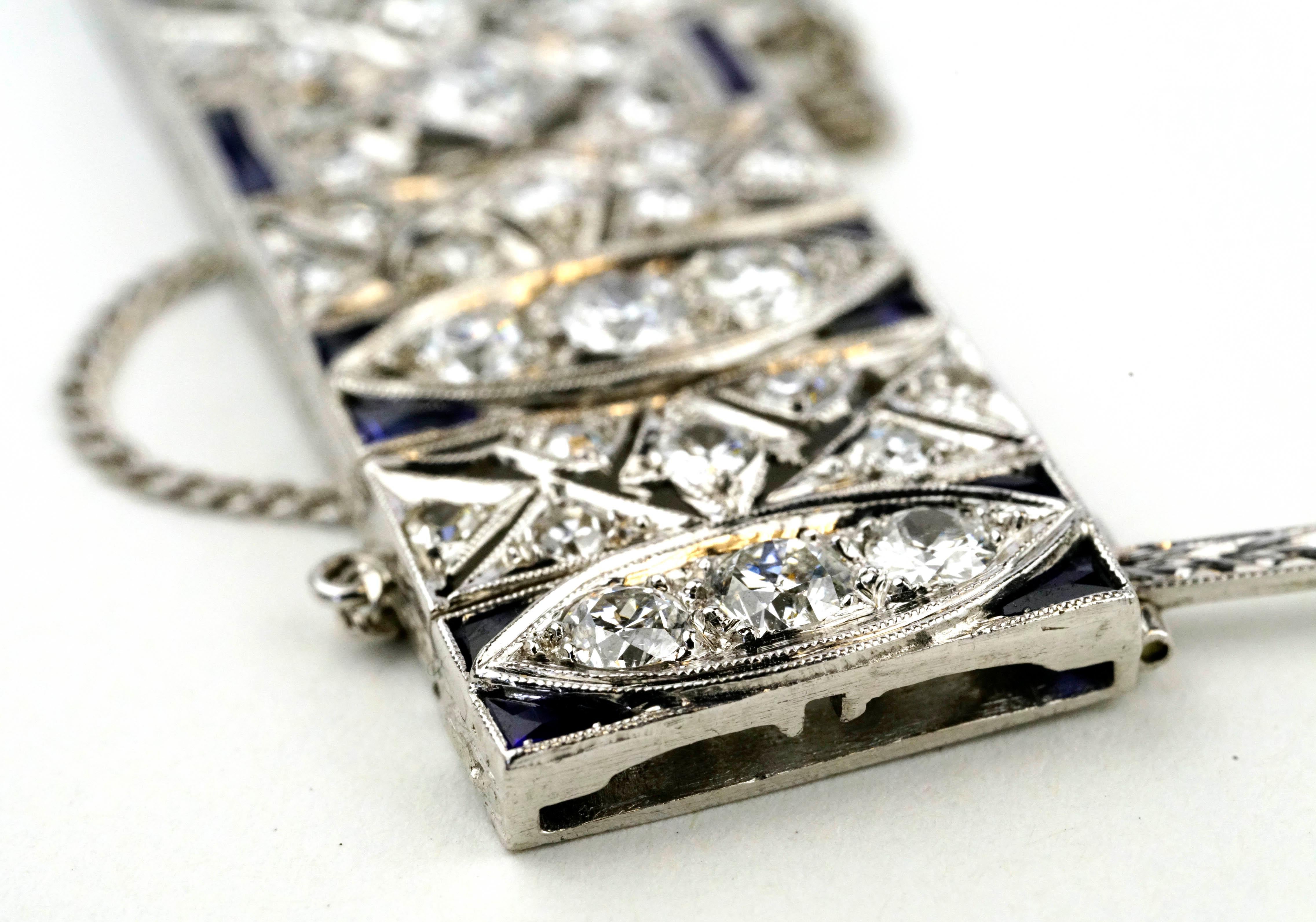 Art Deco 10.01 Carats Old Euro Diamonds and Sapphires Platinum Bracelet 8