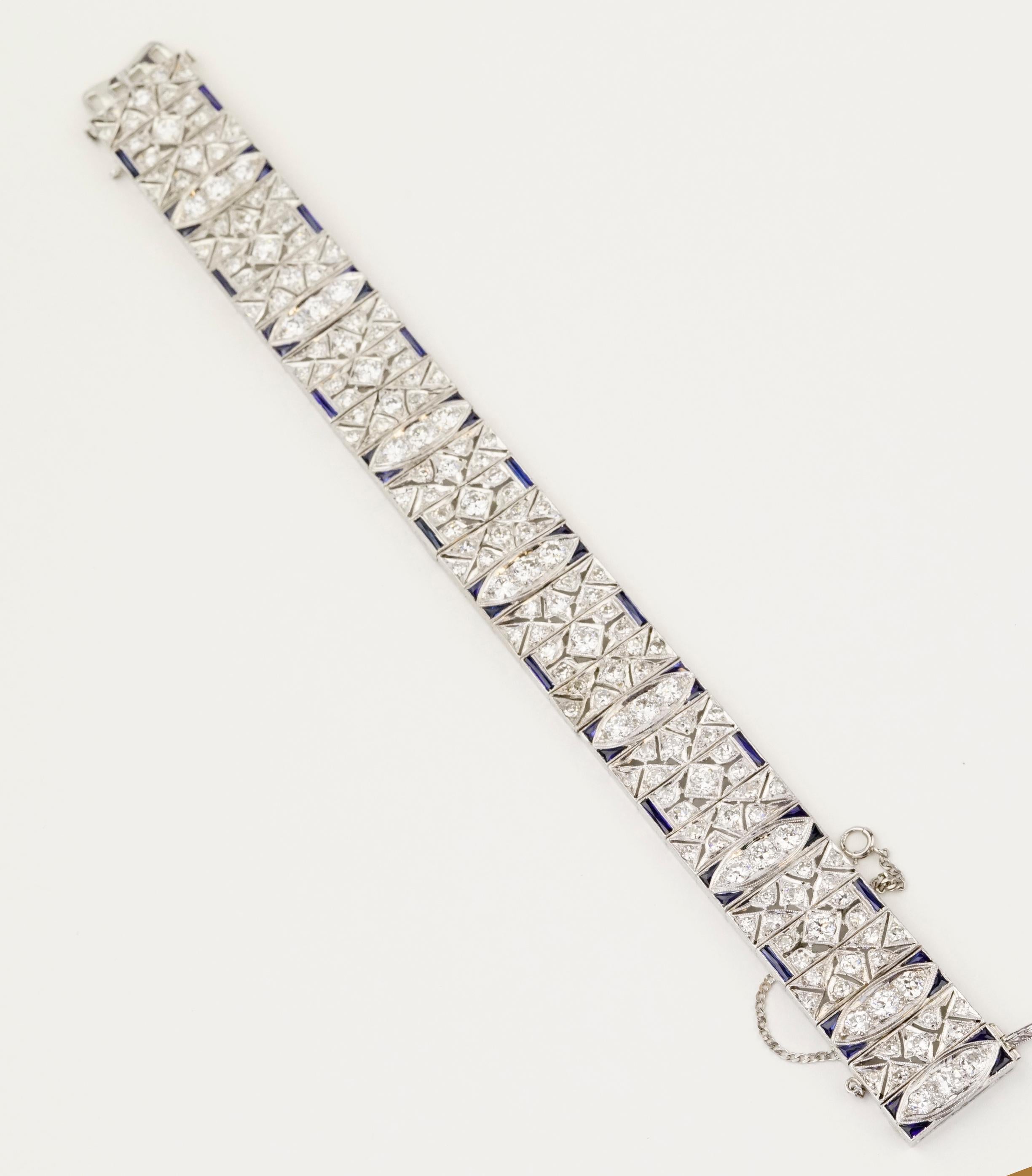 Art Deco 10.01 Carats Old Euro Diamonds and Sapphires Platinum Bracelet 9