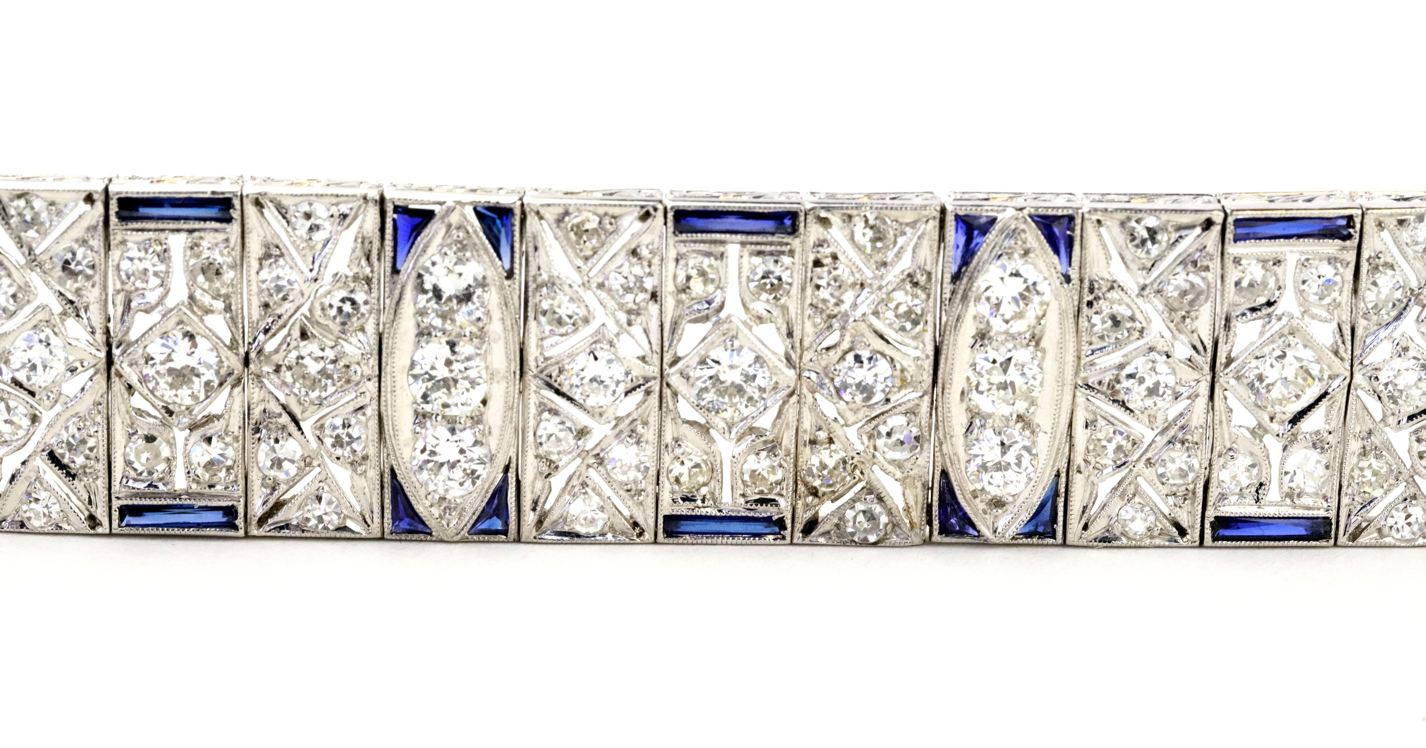 Art Deco 10.01 Carats Old Euro Diamonds and Sapphires Platinum Bracelet In Excellent Condition In Saint Louis, MO