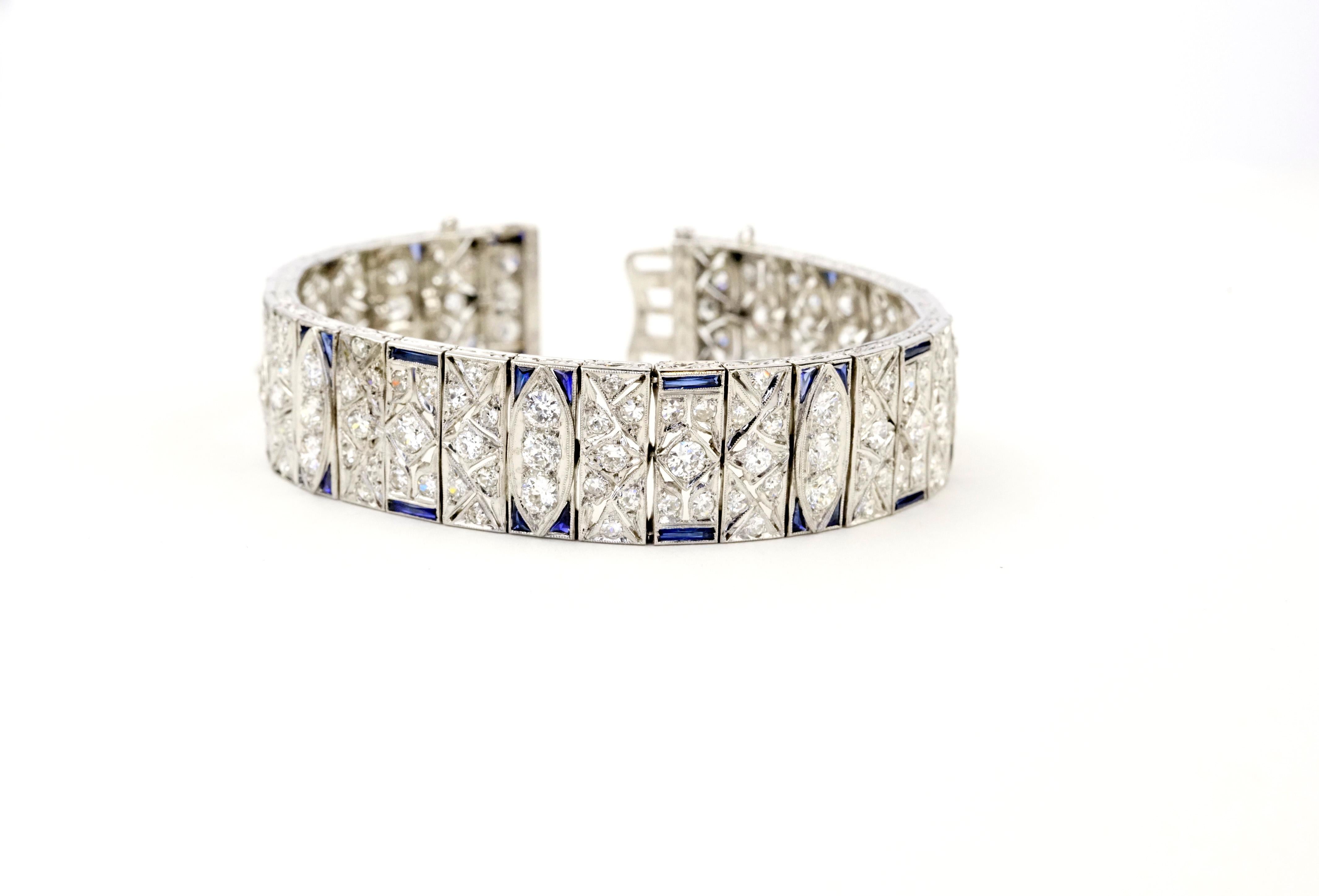 Women's Art Deco 10.01 Carats Old Euro Diamonds and Sapphires Platinum Bracelet