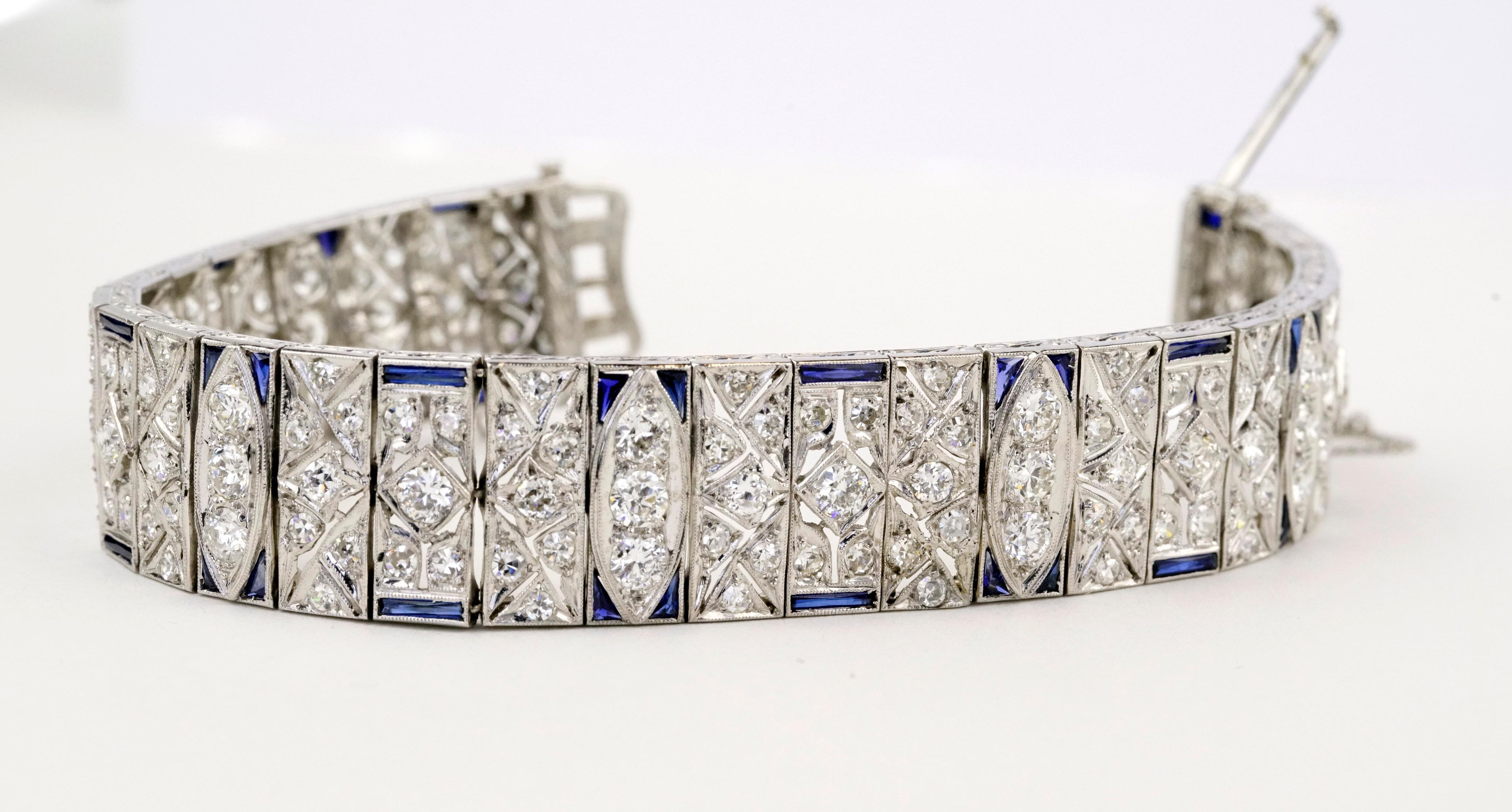 Art Deco 10.01 Carats Old Euro Diamonds and Sapphires Platinum Bracelet 1