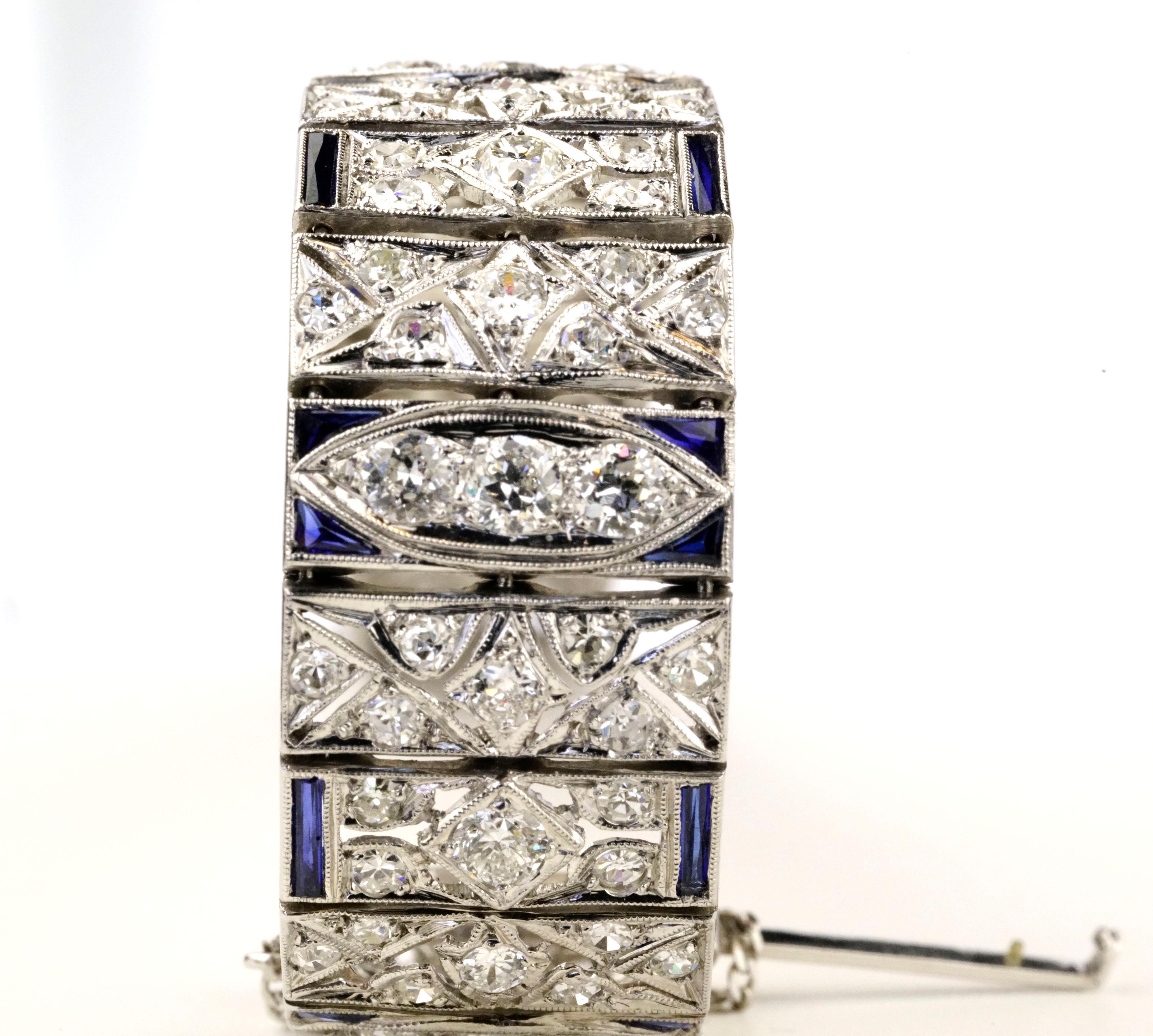 Art Deco 10.01 Carats Old Euro Diamonds and Sapphires Platinum Bracelet 4