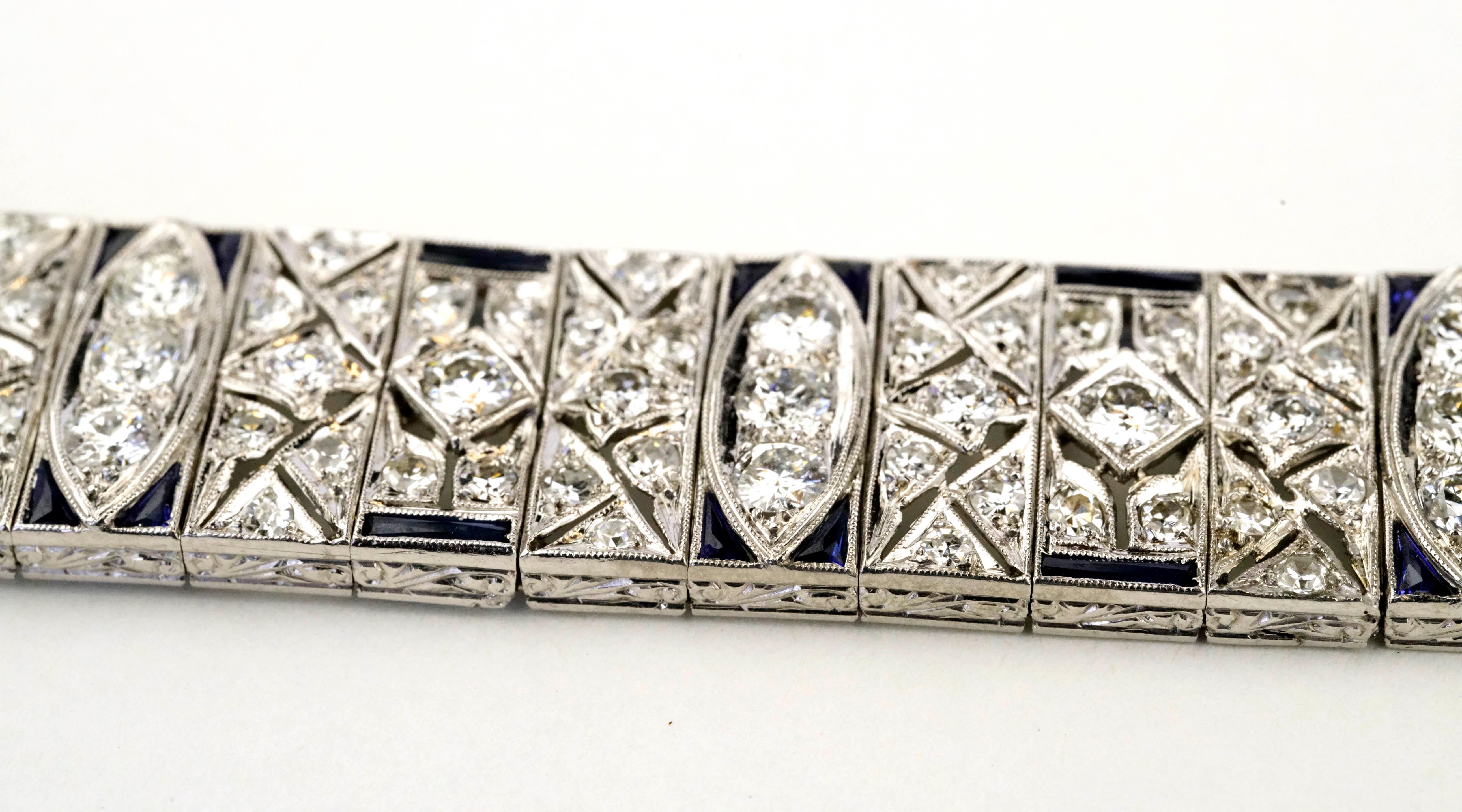Art Deco 10.01 Carats Old Euro Diamonds and Sapphires Platinum Bracelet 5
