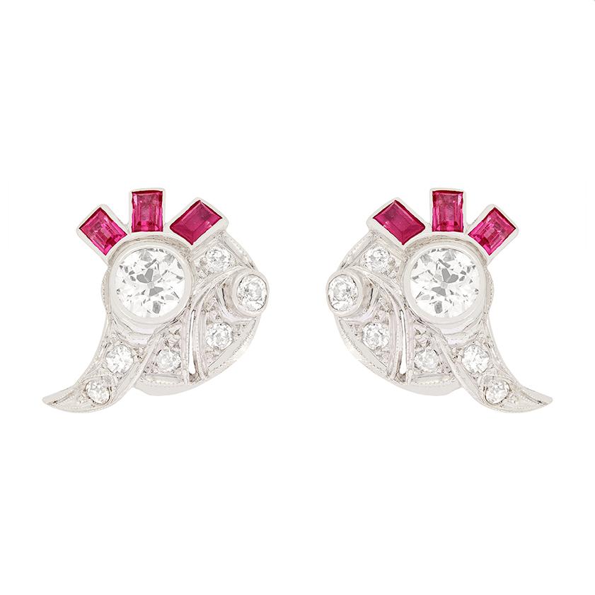 Old Mine Cut Art Deco 1.00ct Diamond and Ruby Earrings, c.1920s For Sale