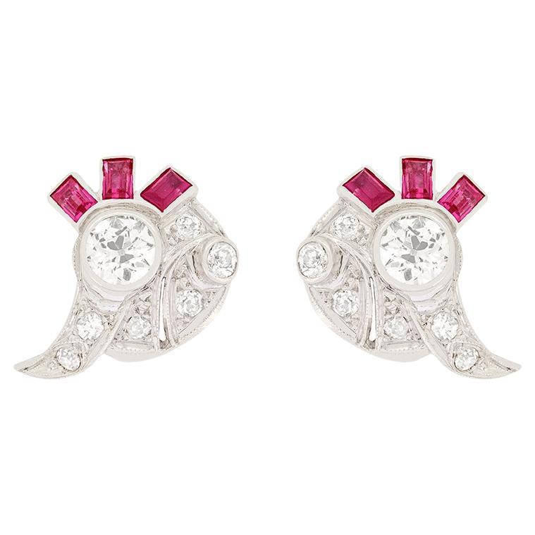 Art Deco 1.00ct Diamond and Ruby Earrings, c.1920s For Sale