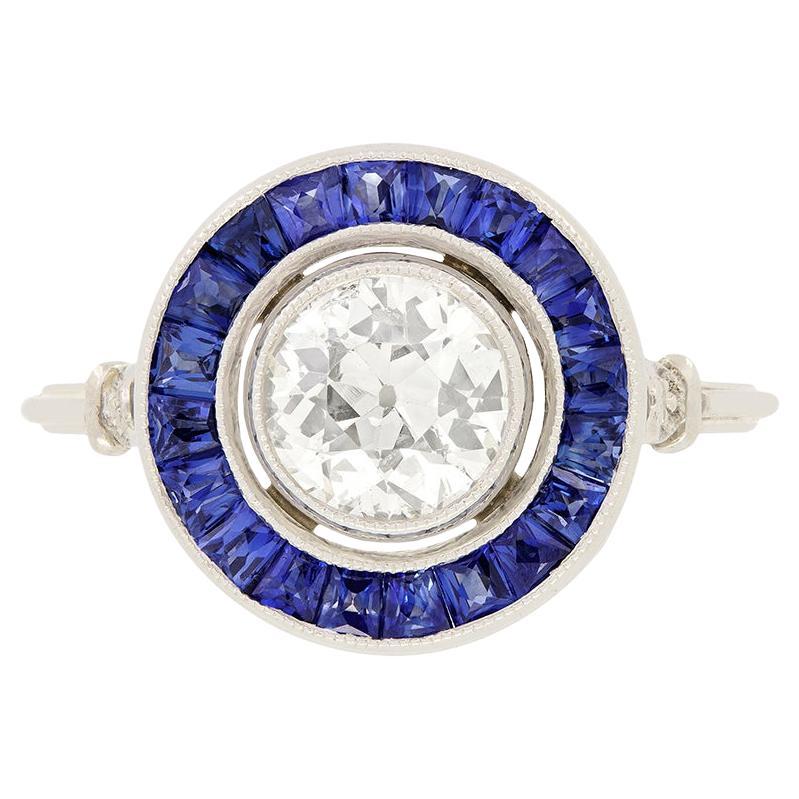 Art Deco 1.00ct Diamond and Sapphire Target Ring, c.1920s For Sale