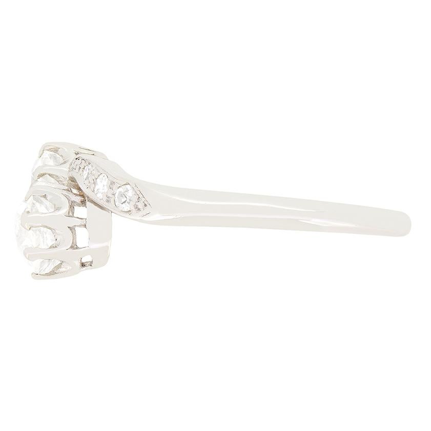 Old European Cut Art Deco 1.00ct Diamond Two Stone Twist Ring, c.1920s For Sale