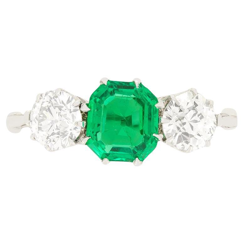 Art Deco 1.00ct Emerald and Diamond Trilogy Ring, c.1920s For Sale