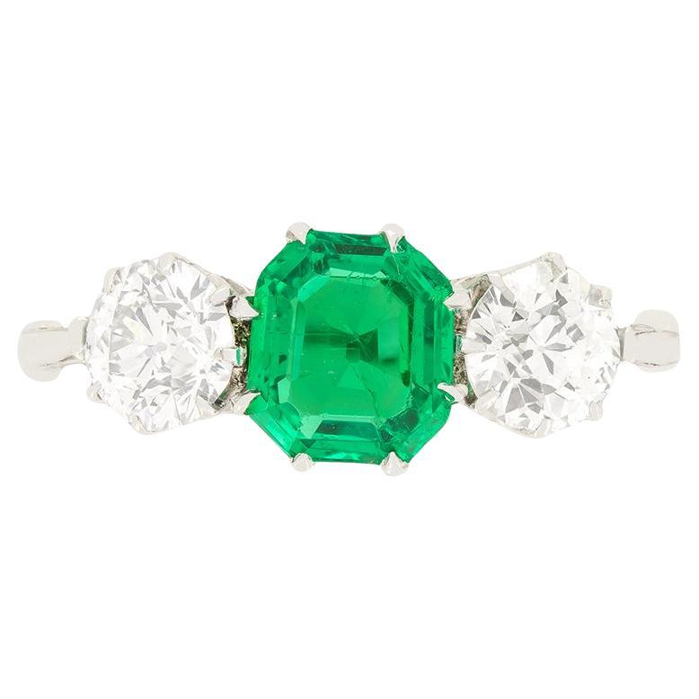 Art Deco 1.00ct Emerald and Diamond Trilogy Ring, c.1920s