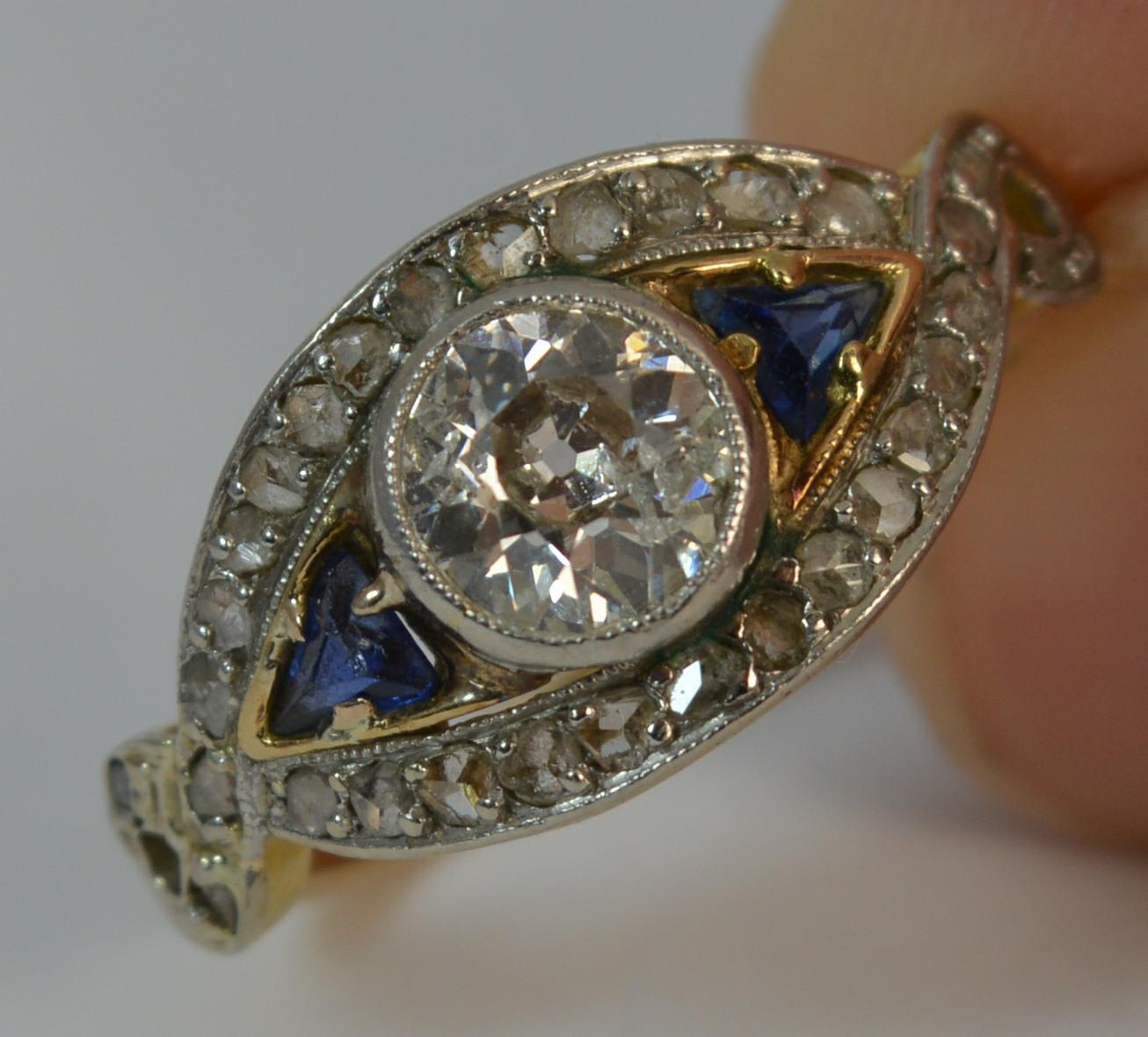 Art Deco 1.00 Carat Old Cut Diamond and Sapphire 18 Carat Gold and Platinum Ring 5