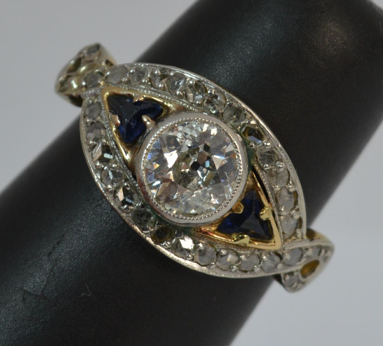 Art Deco 1.00 Carat Old Cut Diamond and Sapphire 18 Carat Gold and Platinum Ring 6