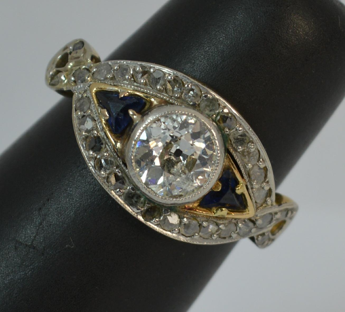 Art Deco 1.00 Carat Old Cut Diamond and Sapphire 18 Carat Gold and Platinum Ring 7