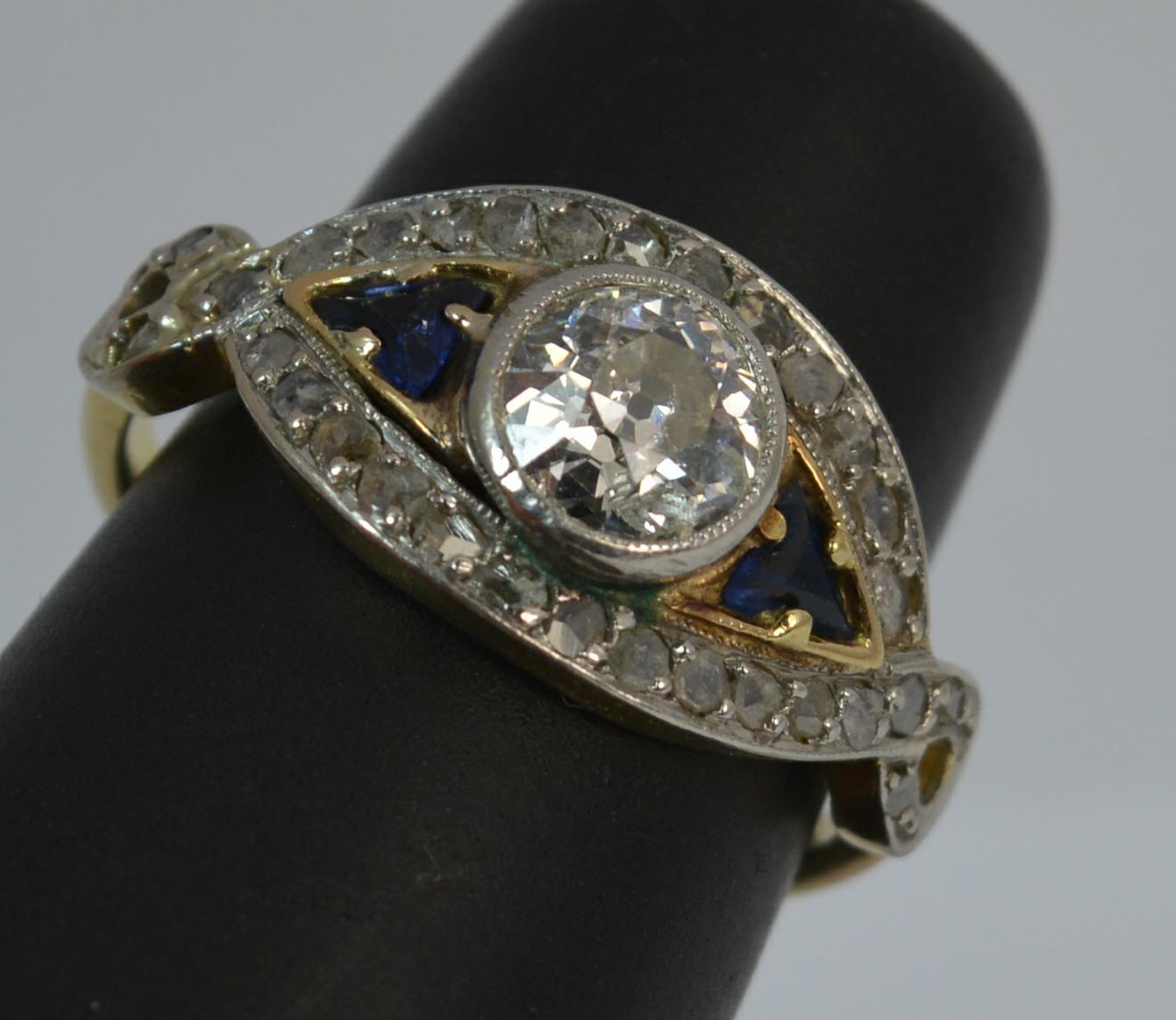 Art Deco 1.00 Carat Old Cut Diamond and Sapphire 18 Carat Gold and Platinum Ring 8