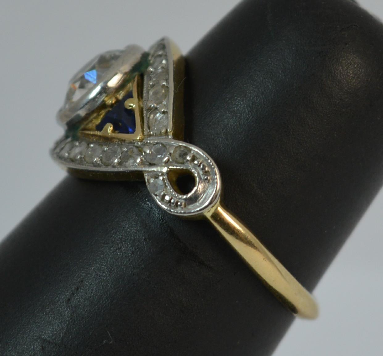 Art Deco 1.00 Carat Old Cut Diamond and Sapphire 18 Carat Gold and Platinum Ring 9