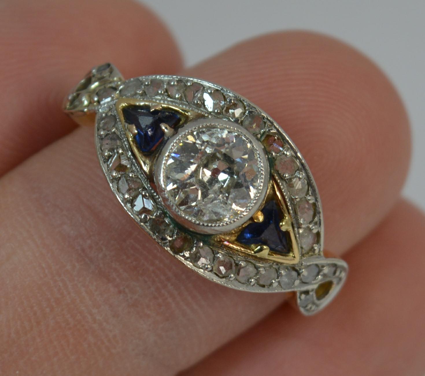 Art Deco 1.00 Carat Old Cut Diamond and Sapphire 18 Carat Gold and Platinum Ring In Good Condition In St Helens, GB