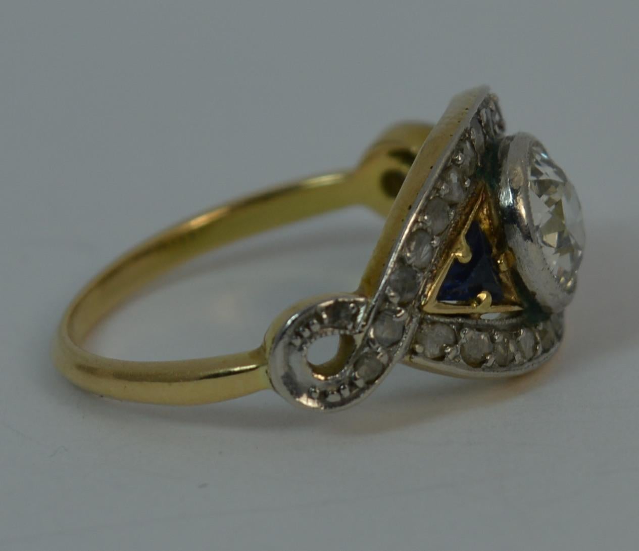 Art Deco 1.00 Carat Old Cut Diamond and Sapphire 18 Carat Gold and Platinum Ring 2