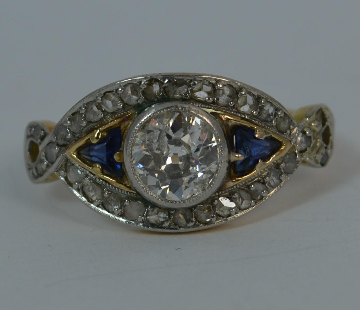 Art Deco 1.00 Carat Old Cut Diamond and Sapphire 18 Carat Gold and Platinum Ring 3