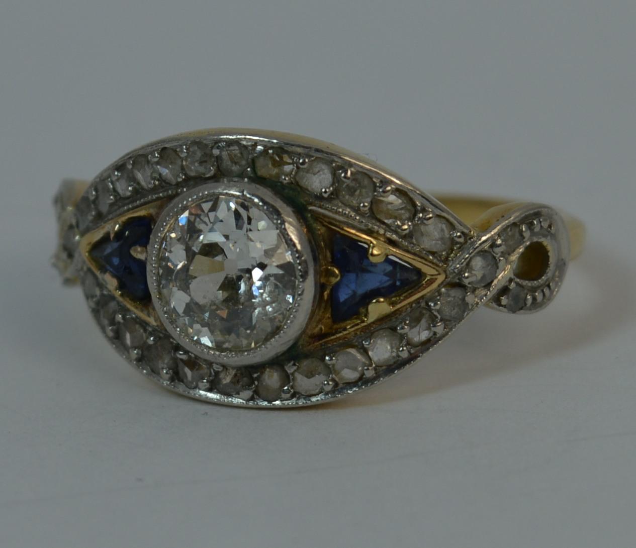 Art Deco 1.00 Carat Old Cut Diamond and Sapphire 18 Carat Gold and Platinum Ring 4