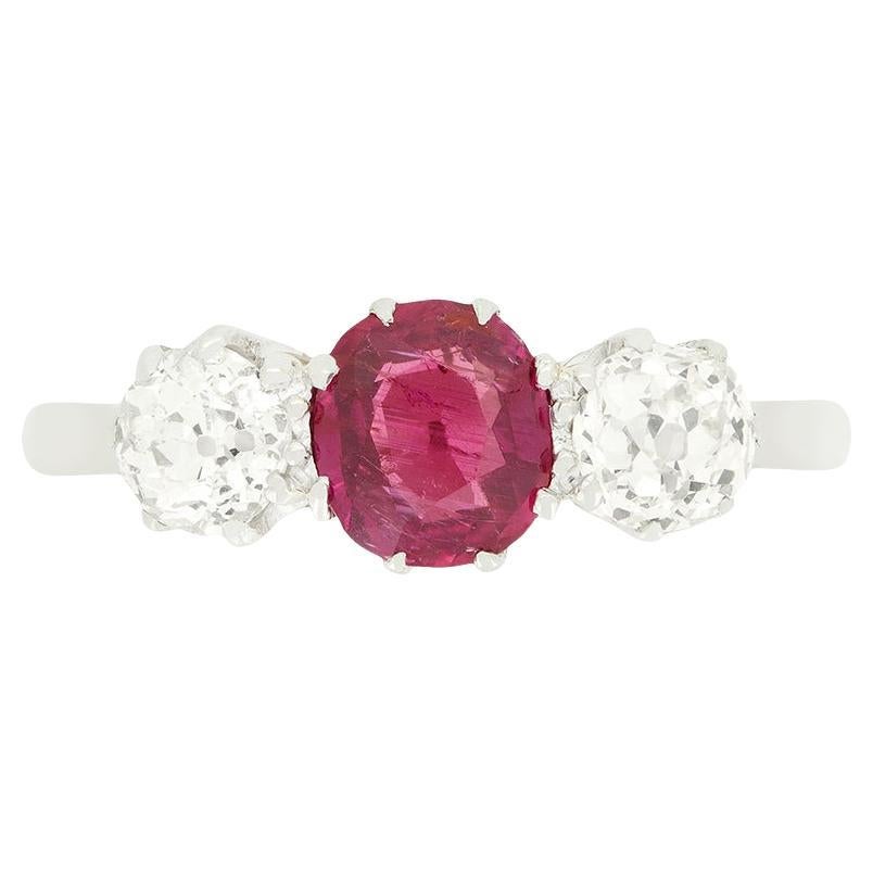 Art Deco 1.00ct Ruby and Diamond Three Stone Ring, c.1920s