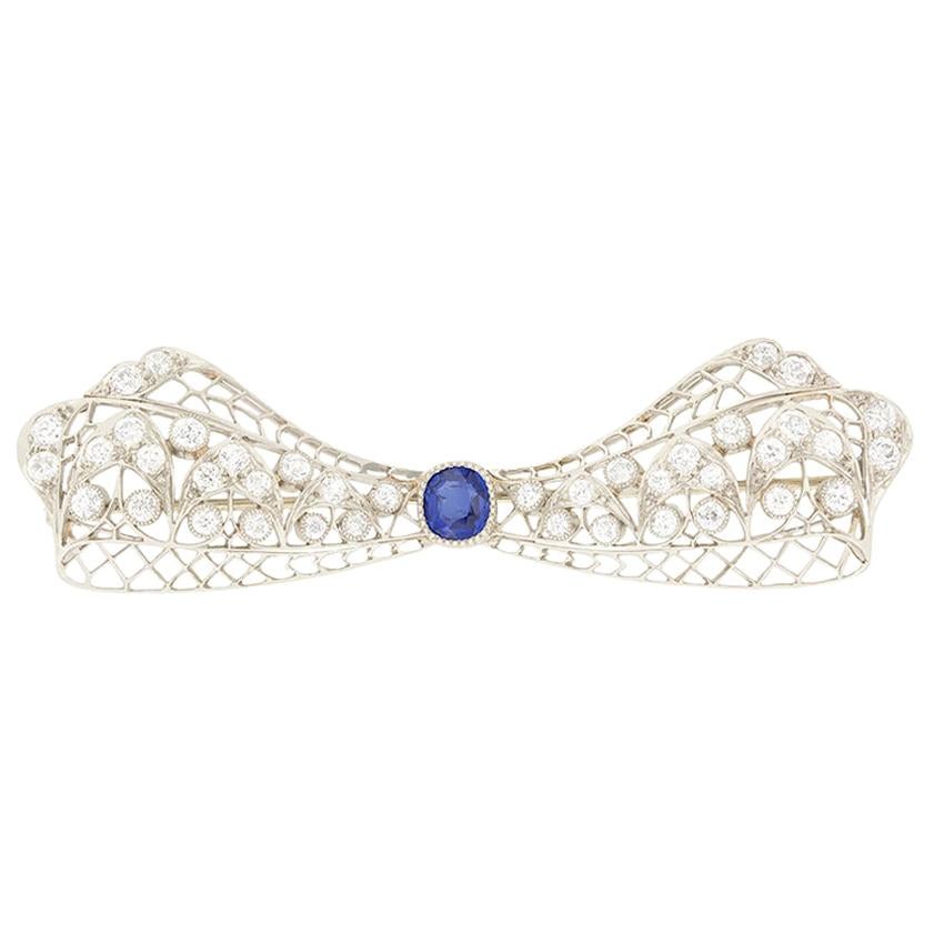 Art Deco 1.00 Carat Sapphire and Diamond Bow Brooch, circa 1920s