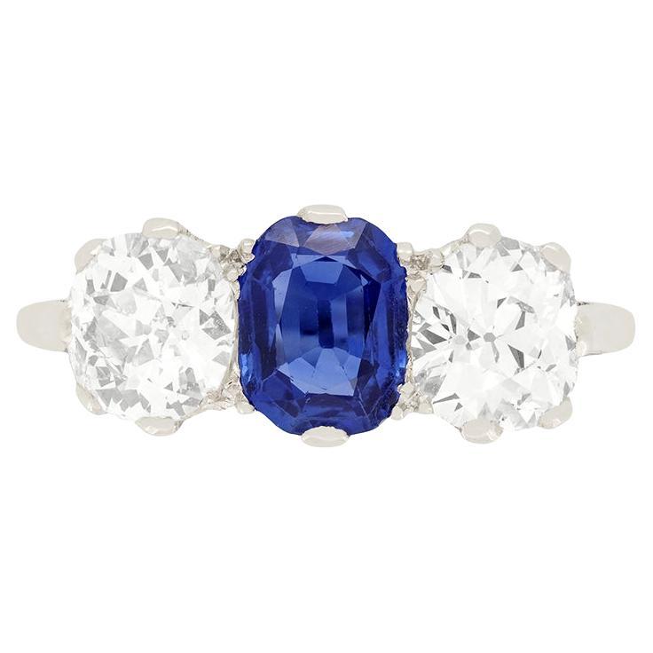 Art Deco 1.00ct Sapphire and Diamond Three Stone Ring, circa 1920s