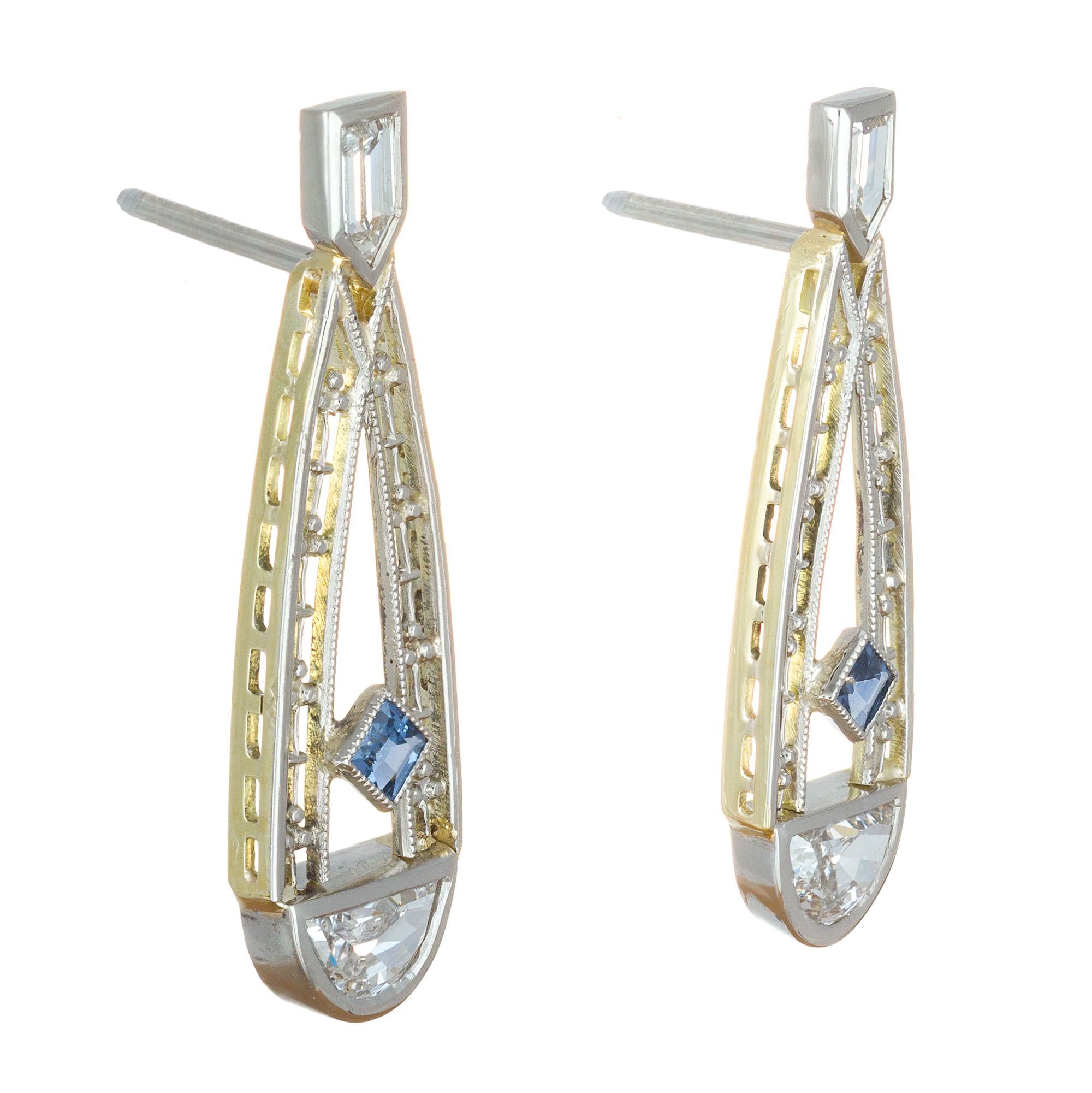 Early Art Deco platinum top on 14k yellow gold earrings set with two Montana square sapphires with two bullet shape and two half moon shape diamonds. Platinum posts. Circa 1915

2 half-moon shape diamonds H VS, approx. .65ct
2 bullet shape diamonds
