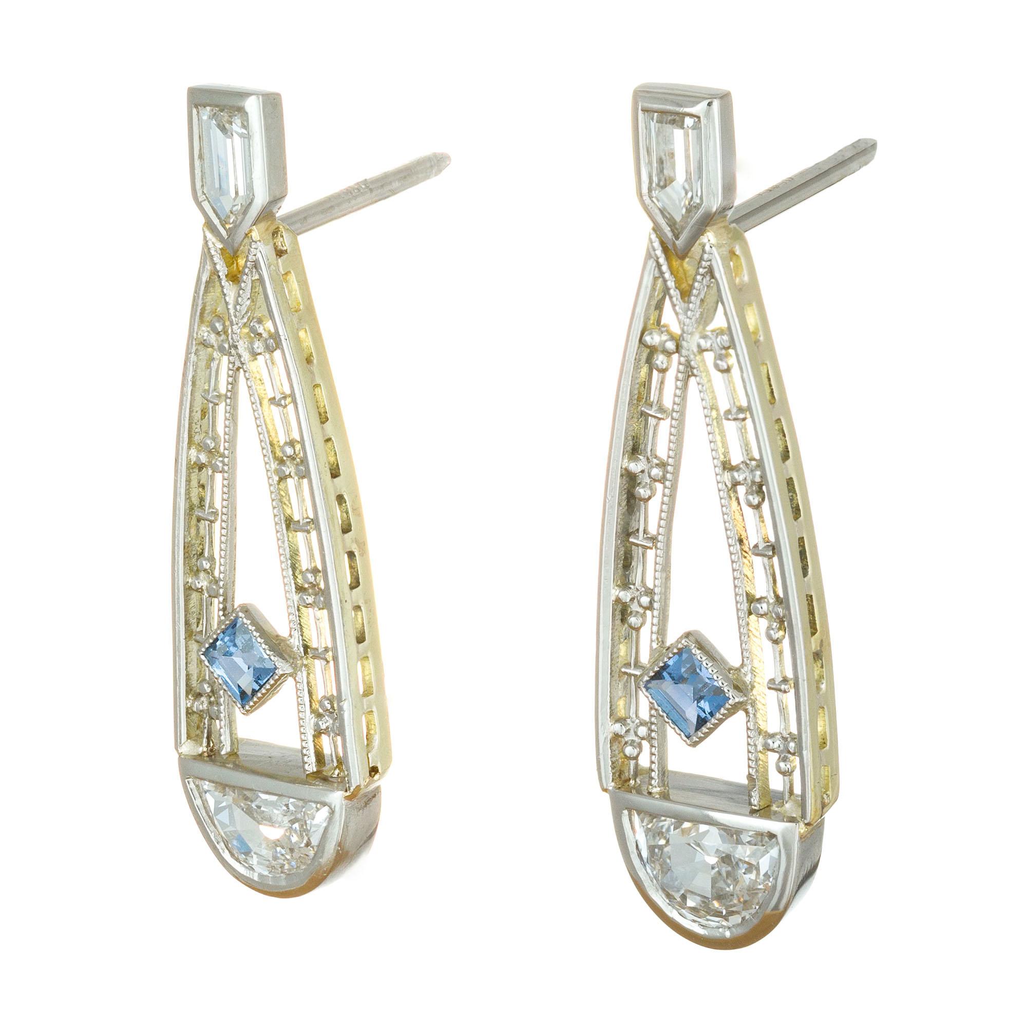 Art Deco 1.01 Carat Montana Blue Sapphire Diamond Platinum Earrings 1