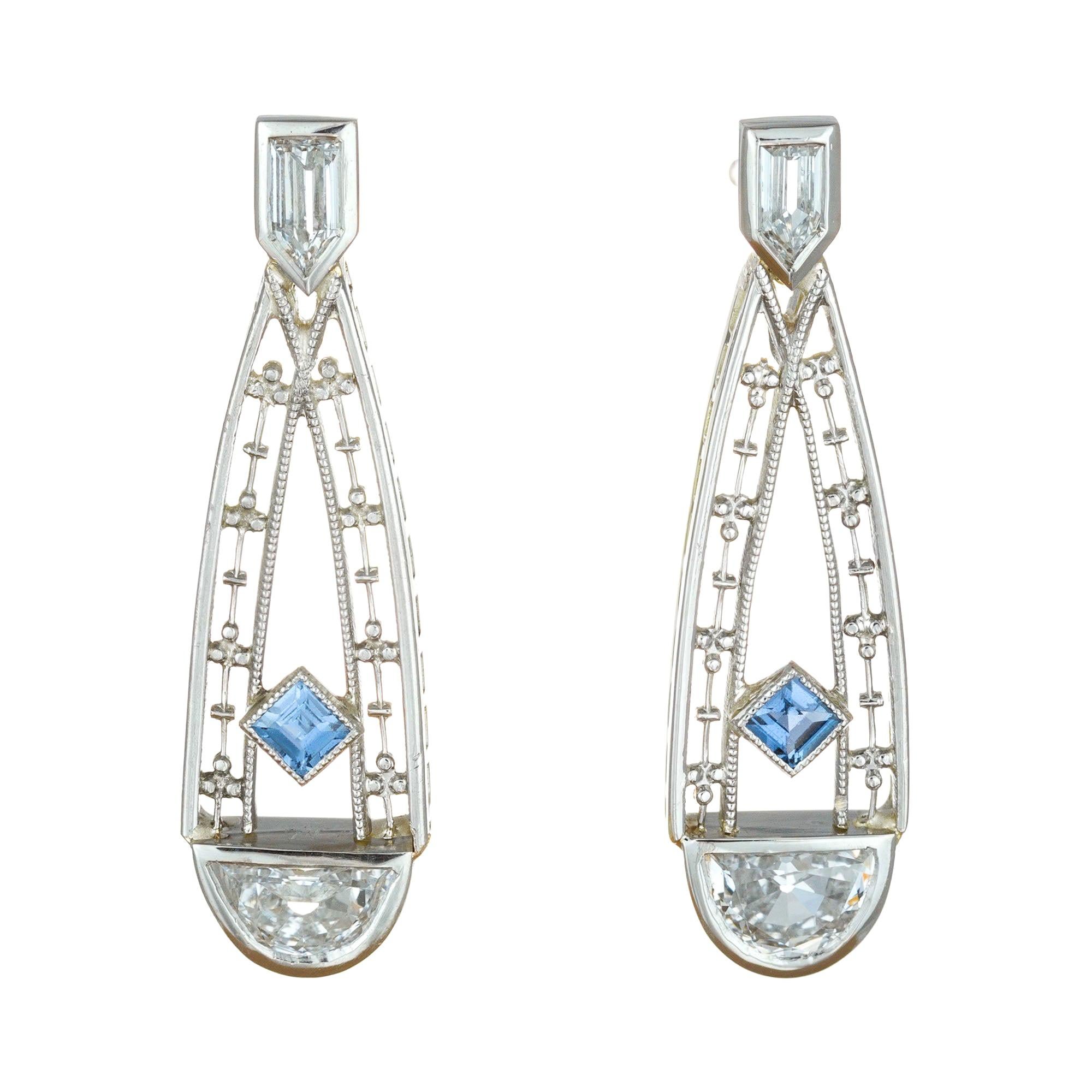 Art Deco 1.01 Carat Montana Blue Sapphire Diamond Platinum Earrings