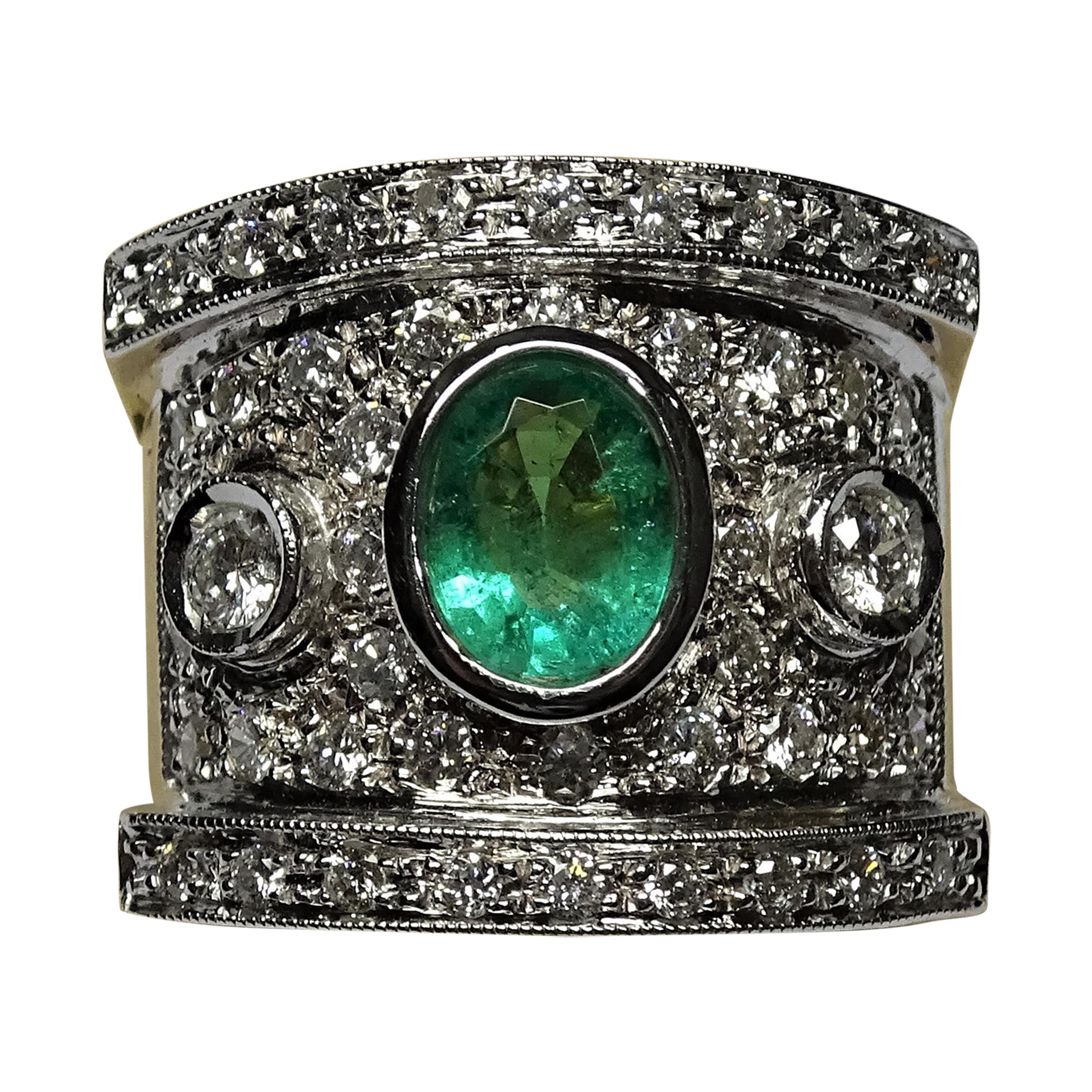 Art Deco Style 1.01 Carat Oval Emerald Diamond 18 Karat Gold White Gold Ring For Sale