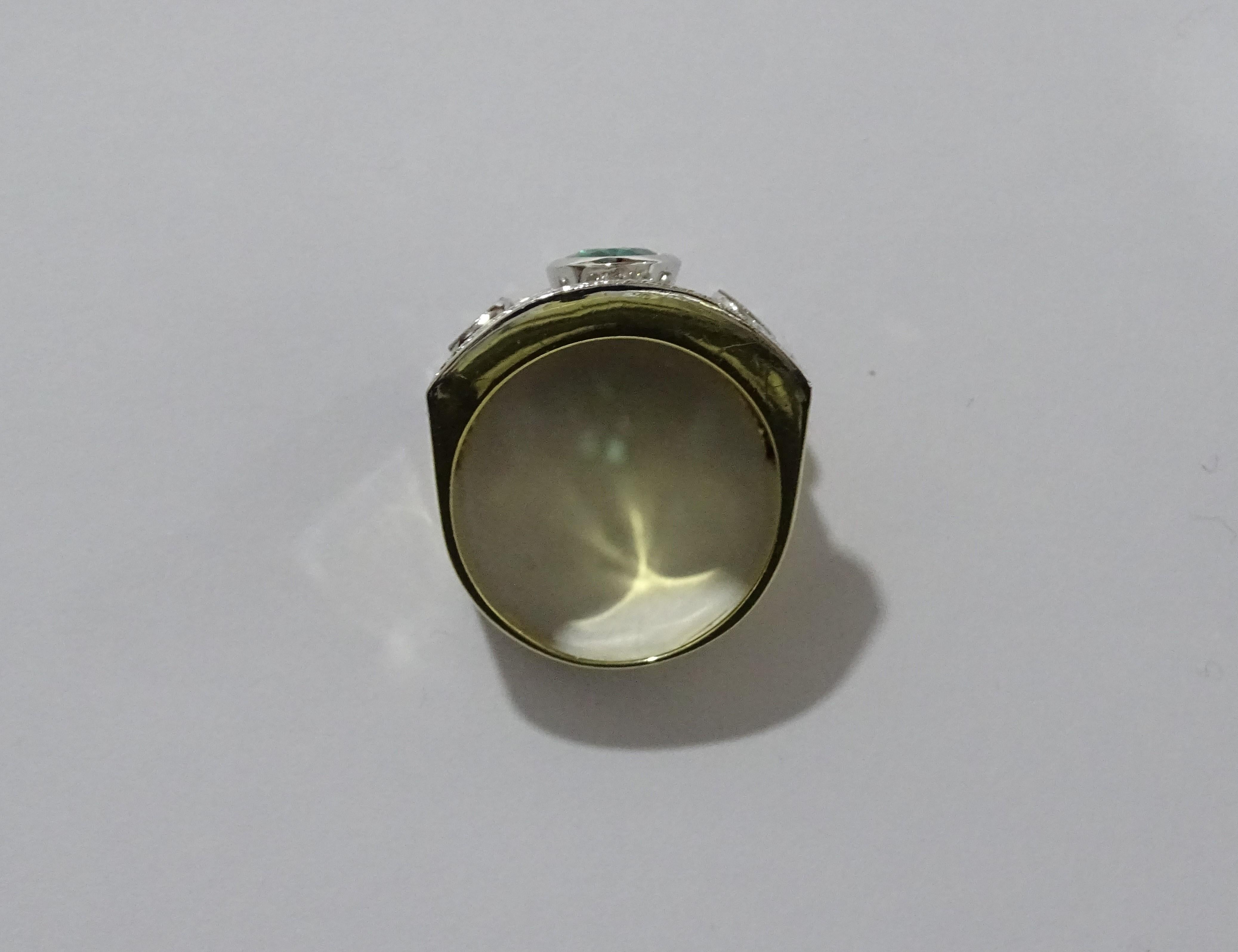 Art Deco Style 1.01 Carat Oval Emerald Diamond 18 Karat Gold White Gold Ring For Sale 2