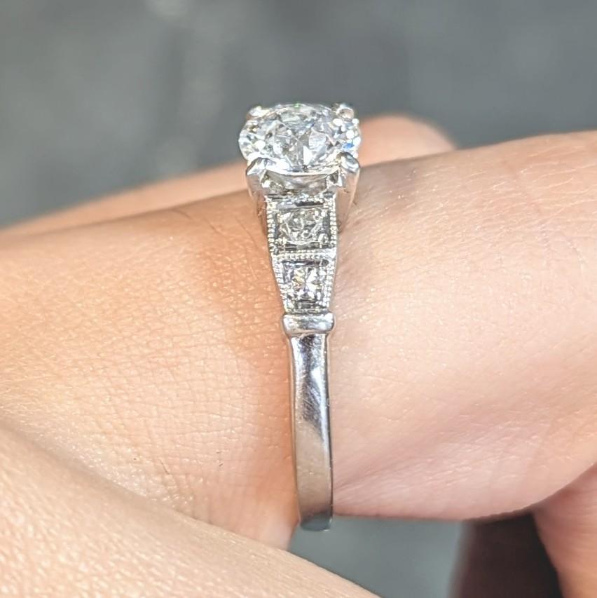 Art Deco 1.01 CTW Diamond Platinum Five Stone Vintage Engagement Ring For Sale 8
